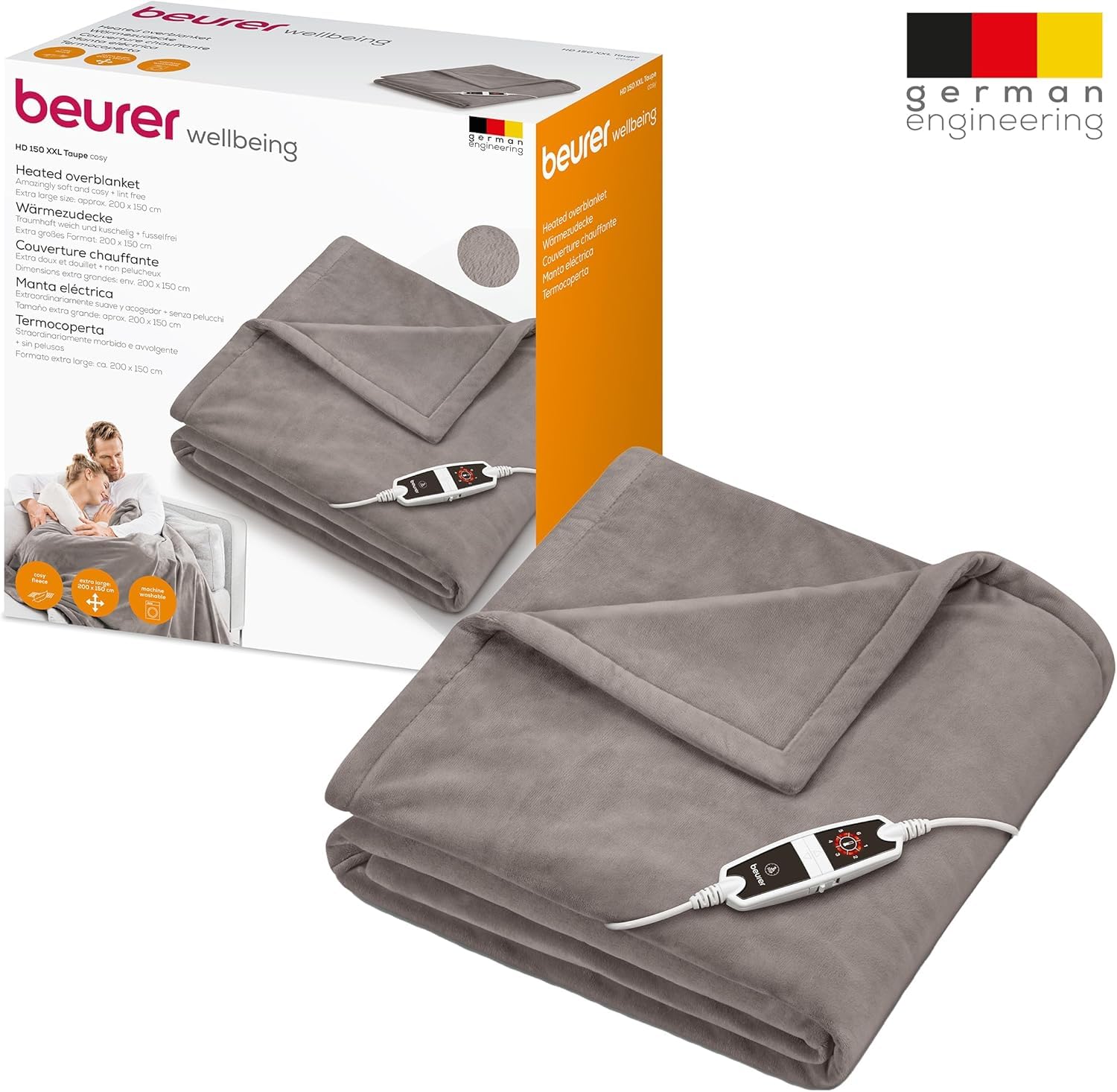 Beurer Coperta elettrica HD 150 XXL, termocoperta elettrica con spegnimento automatico, 200 x 150 cm, 6 impostazioni di temperatura, lavabile in lavatrice, morbida coperta, tortora