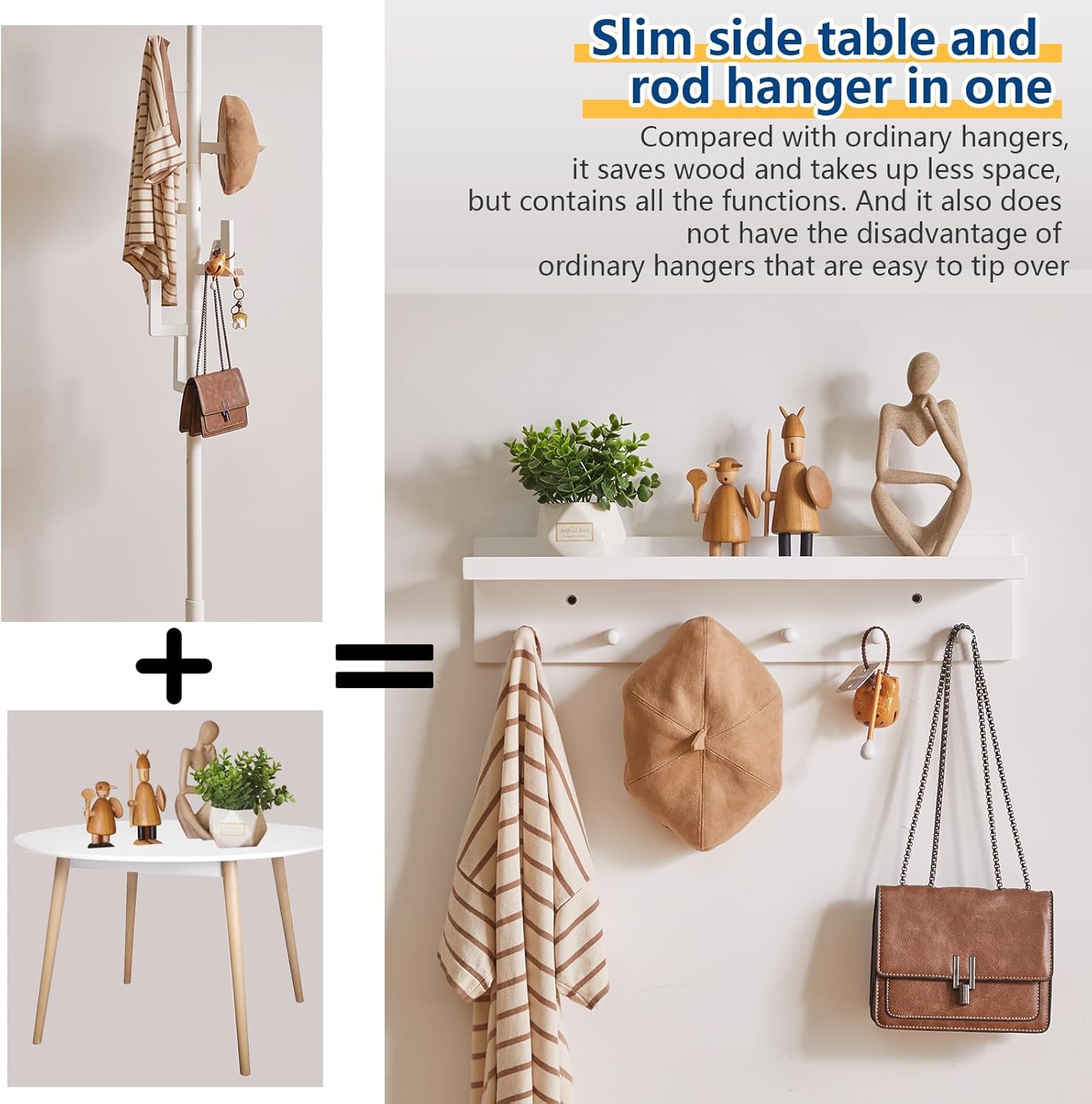 Wood Coat Hook with Wall-Mounted Shelf, 23.62in Entryway Wall Hanging Shelf, for Bathroom, Kitchen, Coat Towel Key Organizer White YD-WS0260W