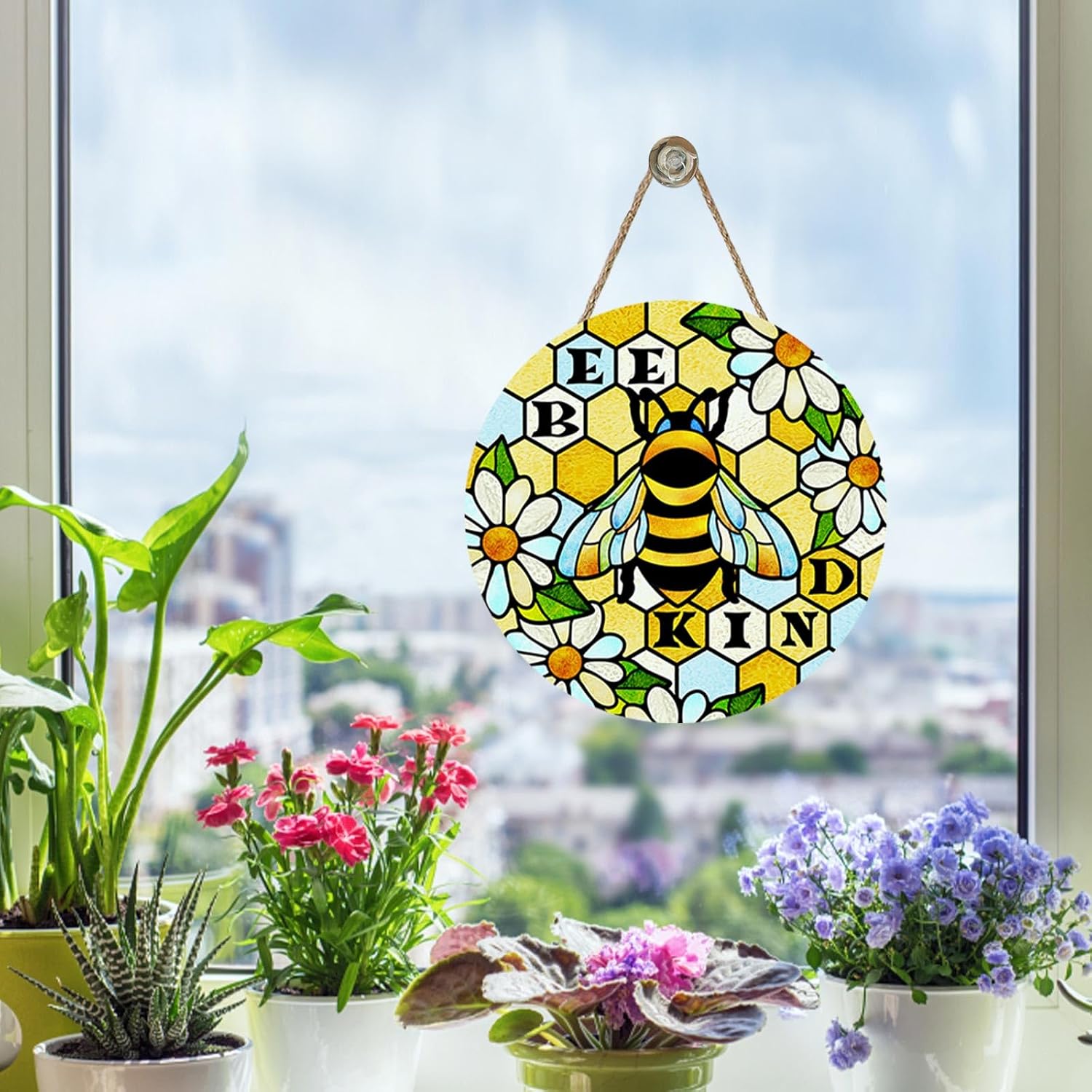 Welcome Spring Summer Bumble Bee Kind Front Door Sign, Honeybee Daisy Flower Wood Plaque Hanger Outdoor Outside Porch Home Decor, Floral Beehive Wooden Wreath Indoor Wall Hanging Decoration