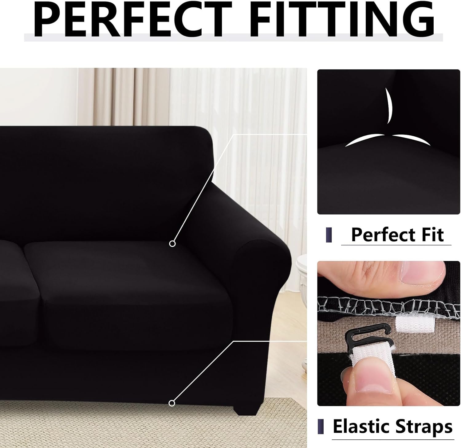 hyha 4 Pieces Couch Covers for 3 Cushion Couch, Sofa Covers Washable Soft Sofa Slipcovers, Stretch Couch Covers for Dogs, Furniture Protector with Elastic Straps (Sofa, Black)