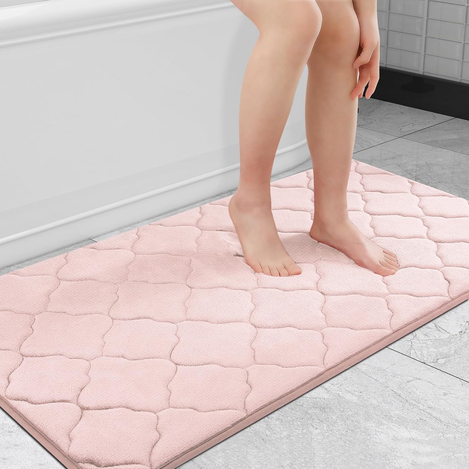 OLANLY Memory Foam Bath Mat Rug 44x24, Ultra Soft and Absorbent Bathroom Rugs, Non-Slip, Comfortable, Machine Washable Bath Carpet for Bathroom Floor, Tub, Shower and Home Decor Accessories, Pink