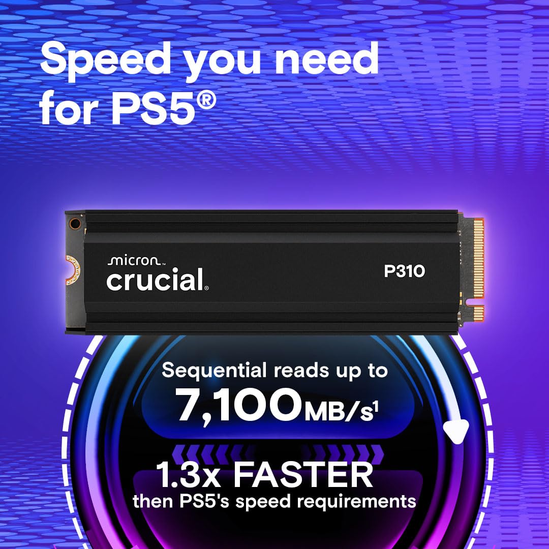 Crucial P310 PS5 SSD 2To PCIe Gen4 NVMe M.2 Dissipateur 7.100 Mo/s Compatible PlayStation 5 Ordinateur Bureau Disque Dur Interne