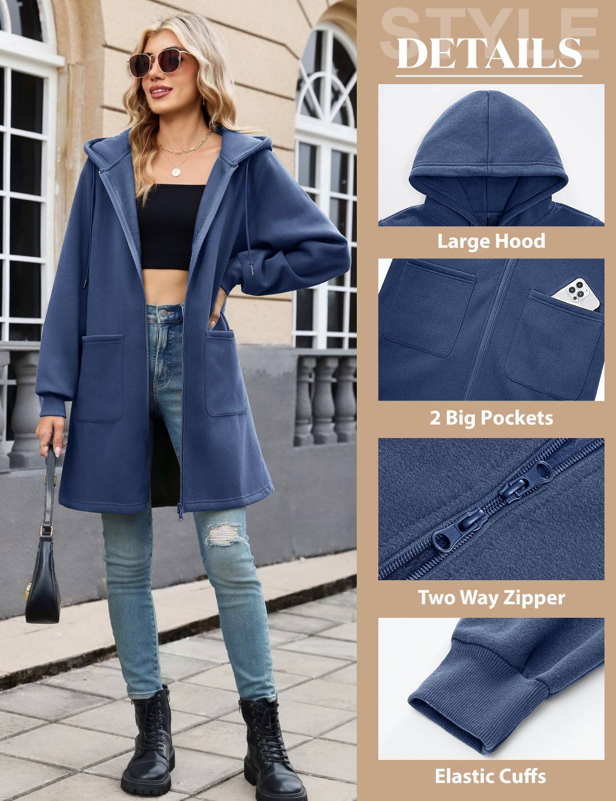 Vancavoo Sweat Long Femme à Capuche avec Fermeture Éclair Bidirectionnelle | Veste Longue à Cordon, Poignets Côtelés et 2 Poches Plaquées, pour le Quotidien, Printemps et Automne