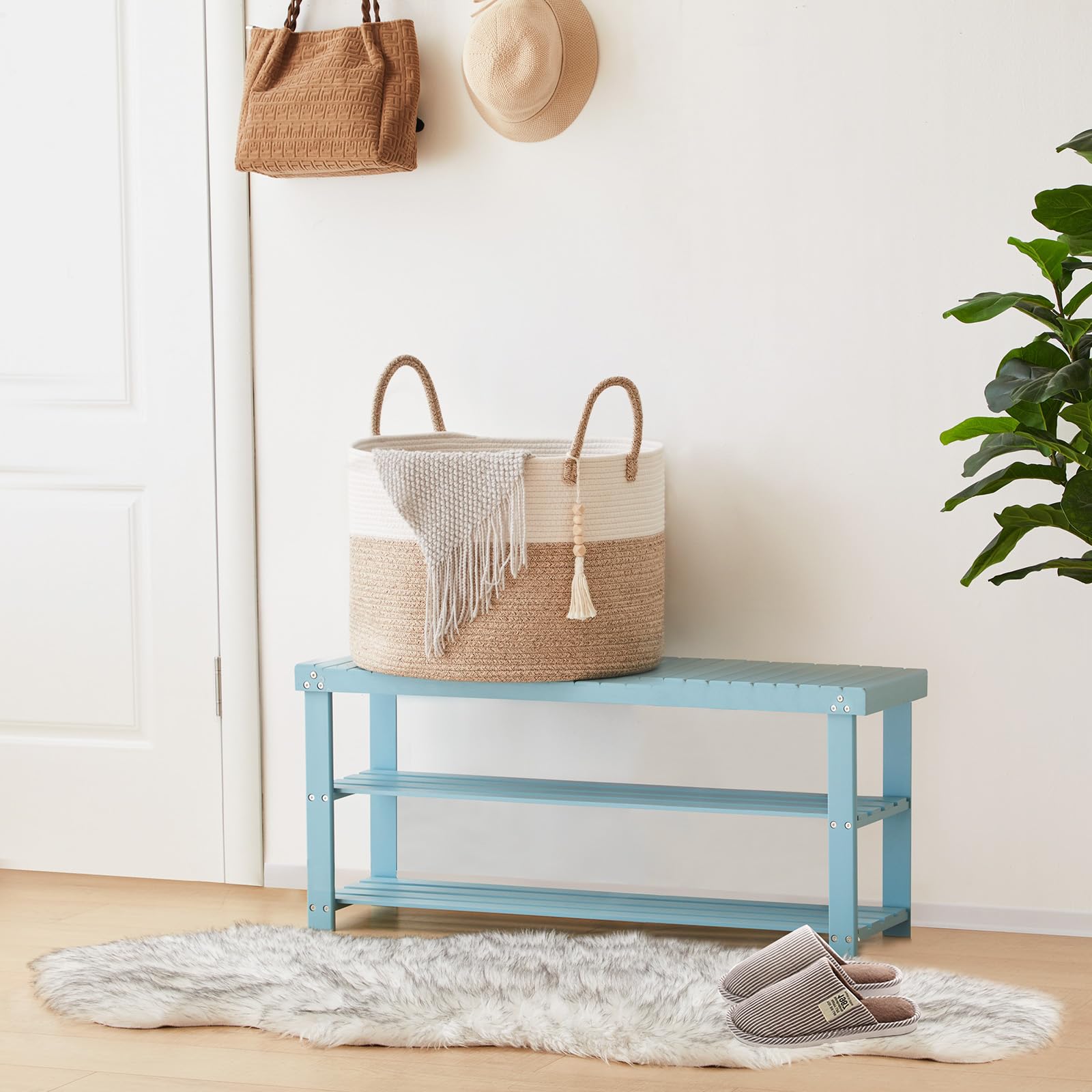 YOUDENOVA Cesta de lavandería con cuentas colgantes de madera, cesta de almacenamiento de juguetes para niños, cesta de manta de cuerda de algodón grande, cesta de almacenamiento tejida para