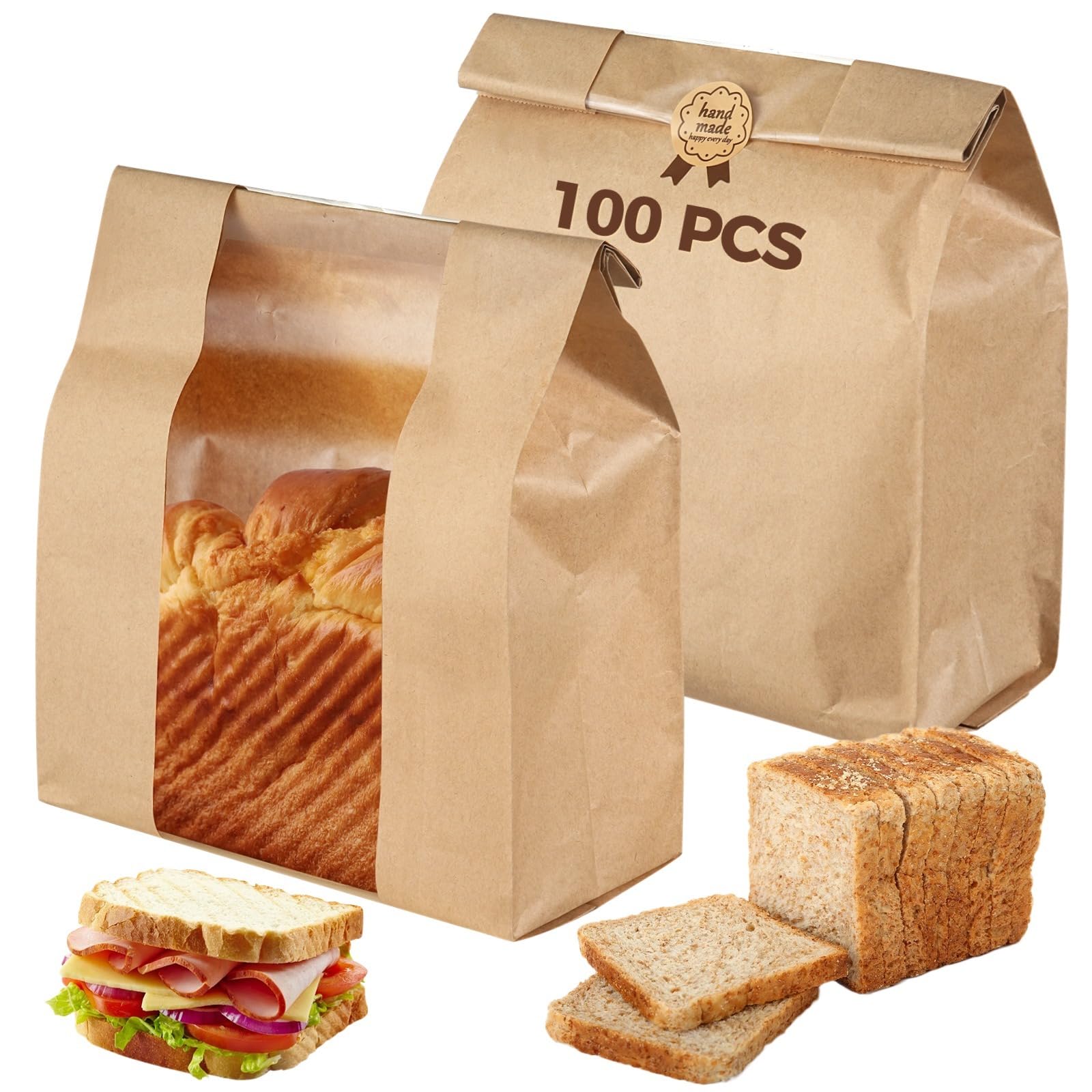 100 Kraftpapier-Brottüten, Brottaschen für selbst gebackenes Brot, Sauerteigbeutel mit Sichtfenster, Brotaufbewahrung und Lebensmittelverpackung mit Etikett-Aufklebern, 34,5 x 21 x 8,9 cm