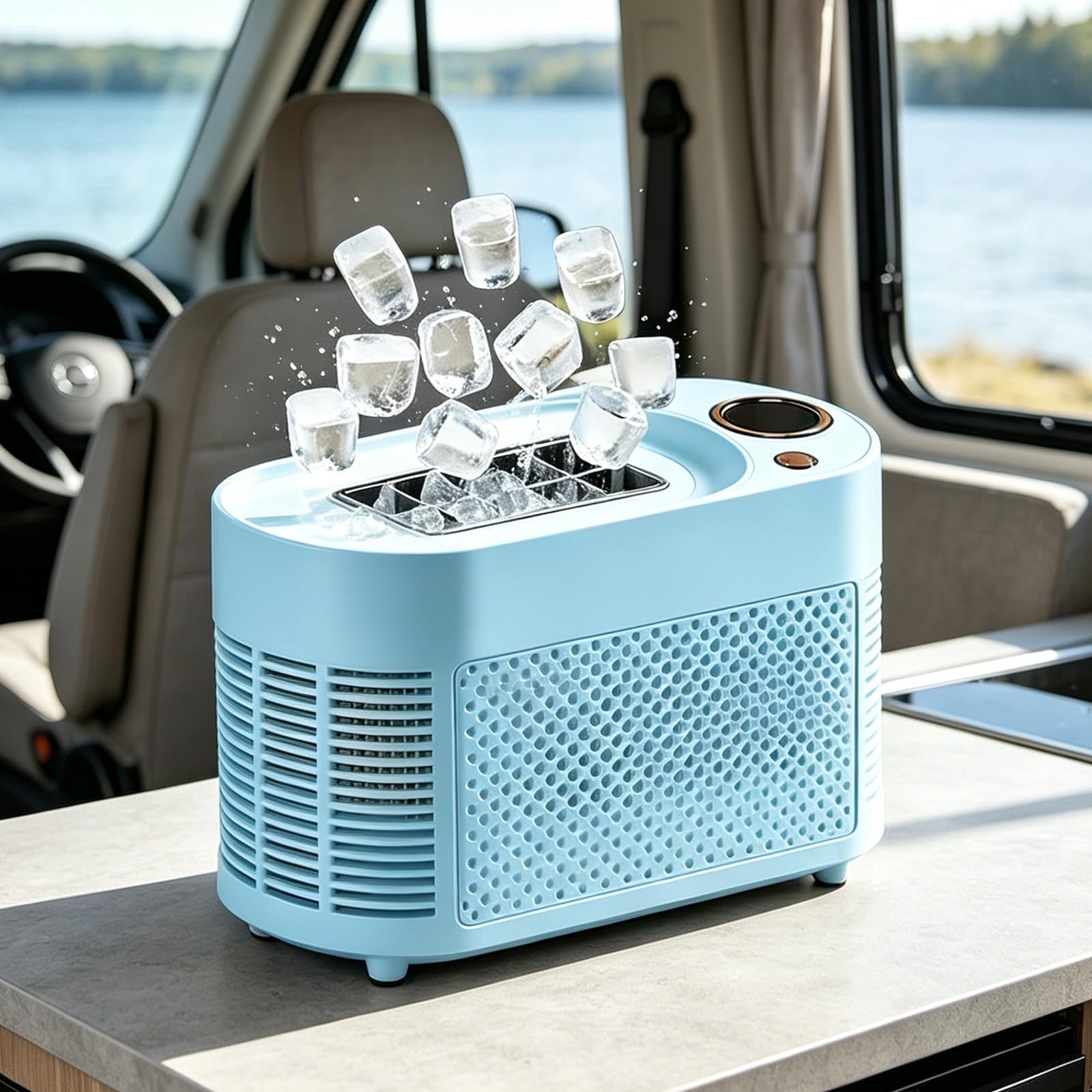 MáQuina de Hielo Personal Ligera, Compatible con Coche y Corriente Alterna, Produce 10 Cubitos en 10-15 Minutos, Encendido con Un Solo Toque, Ideal para La Oficina Blue