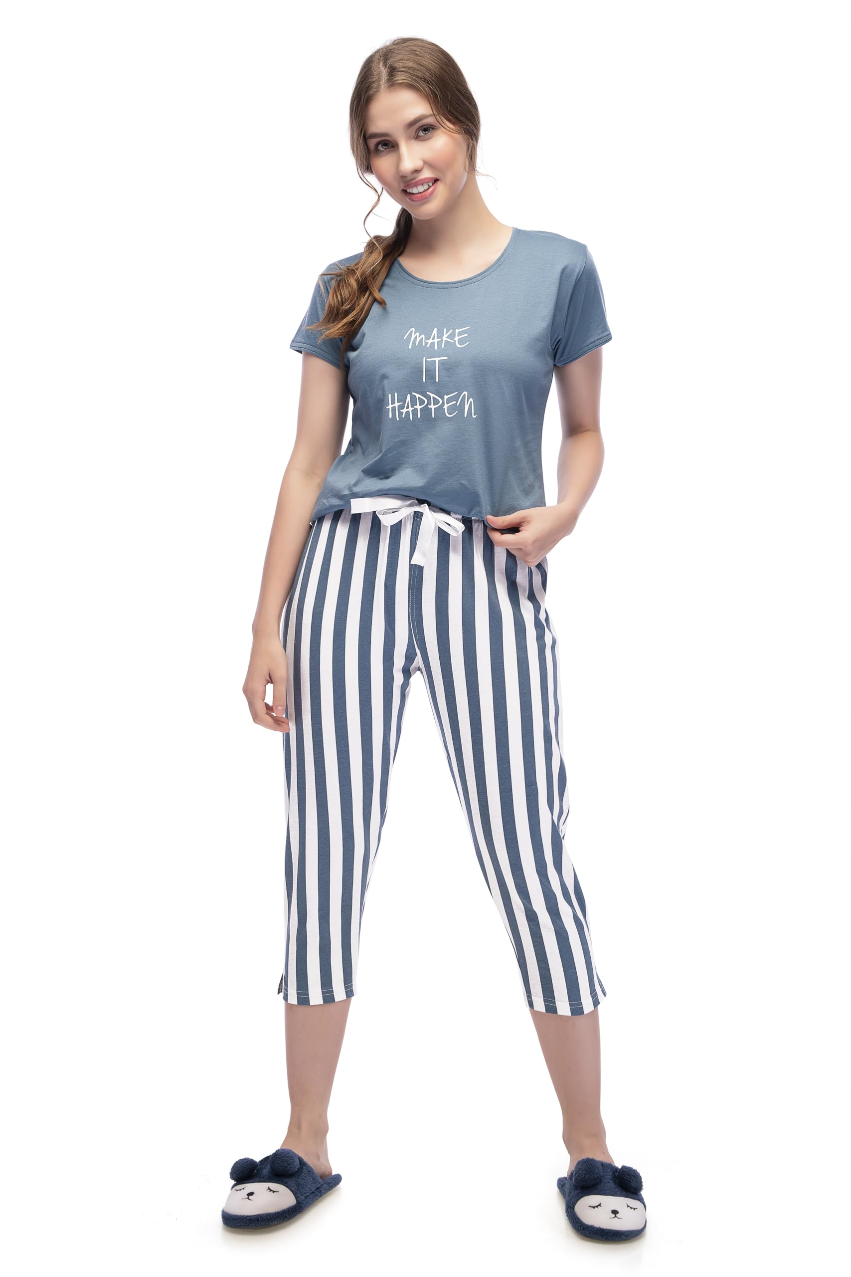 Women Cotton Striped Print Top & Capri Half Sleeve Night Suit Set-image-25