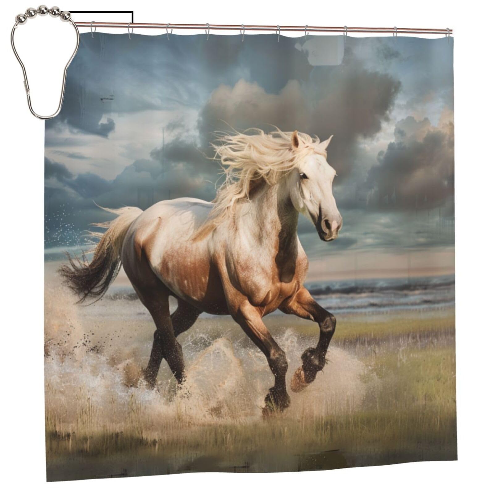 BWWHCCTI Horses Printed Shower Curtain With 12 Iron Hooks Opaque Quick Drying Waterproof Shower Curtains Sets For Bathroom 183x183 CM