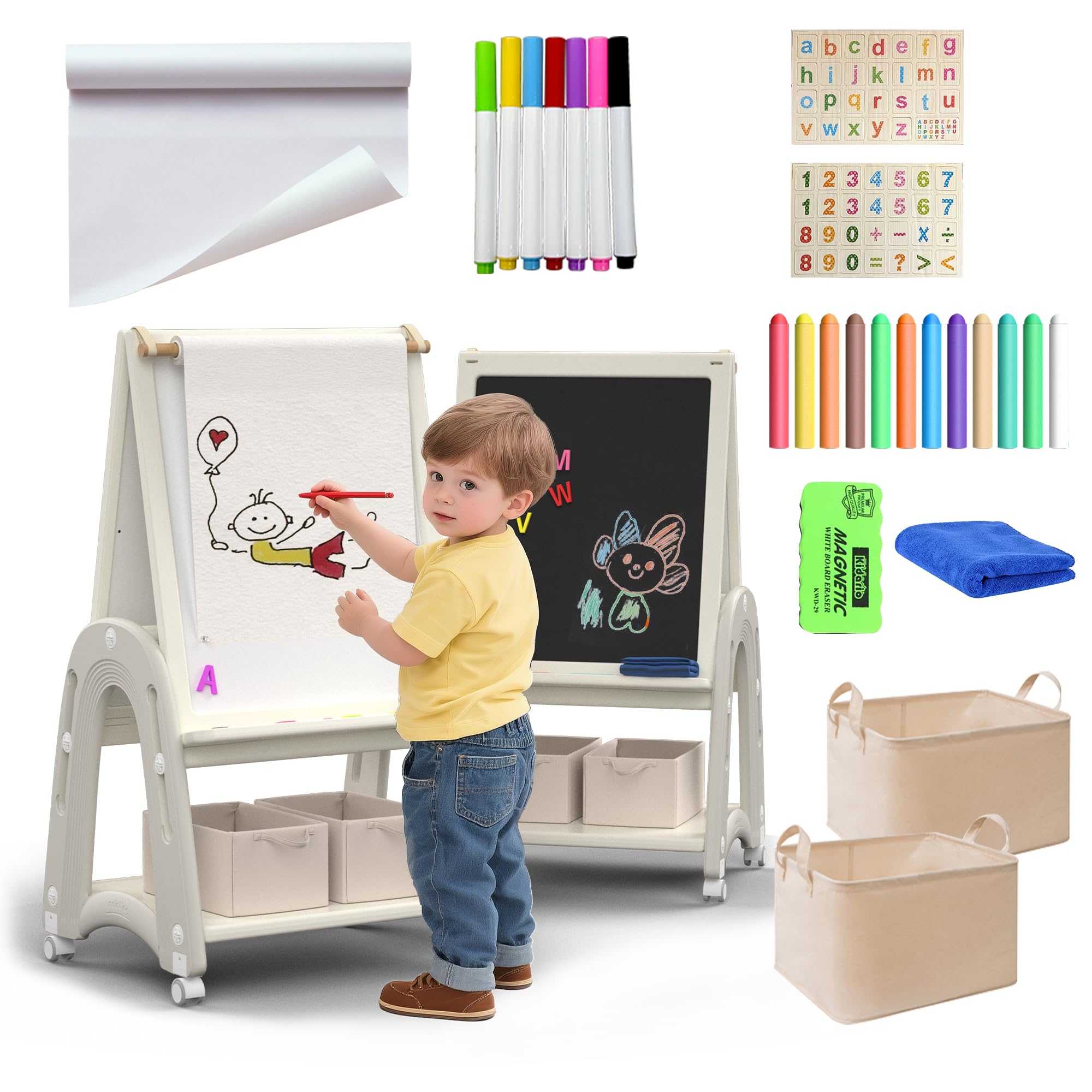 Chevalet Artistique 3-en-1 pour Enfants avec Rouleau de Papier, Tableau Double Face avec Tableau Blanc et Ardoise, Hauteur Réglable, avec Accessoires de Dessin, Blanc