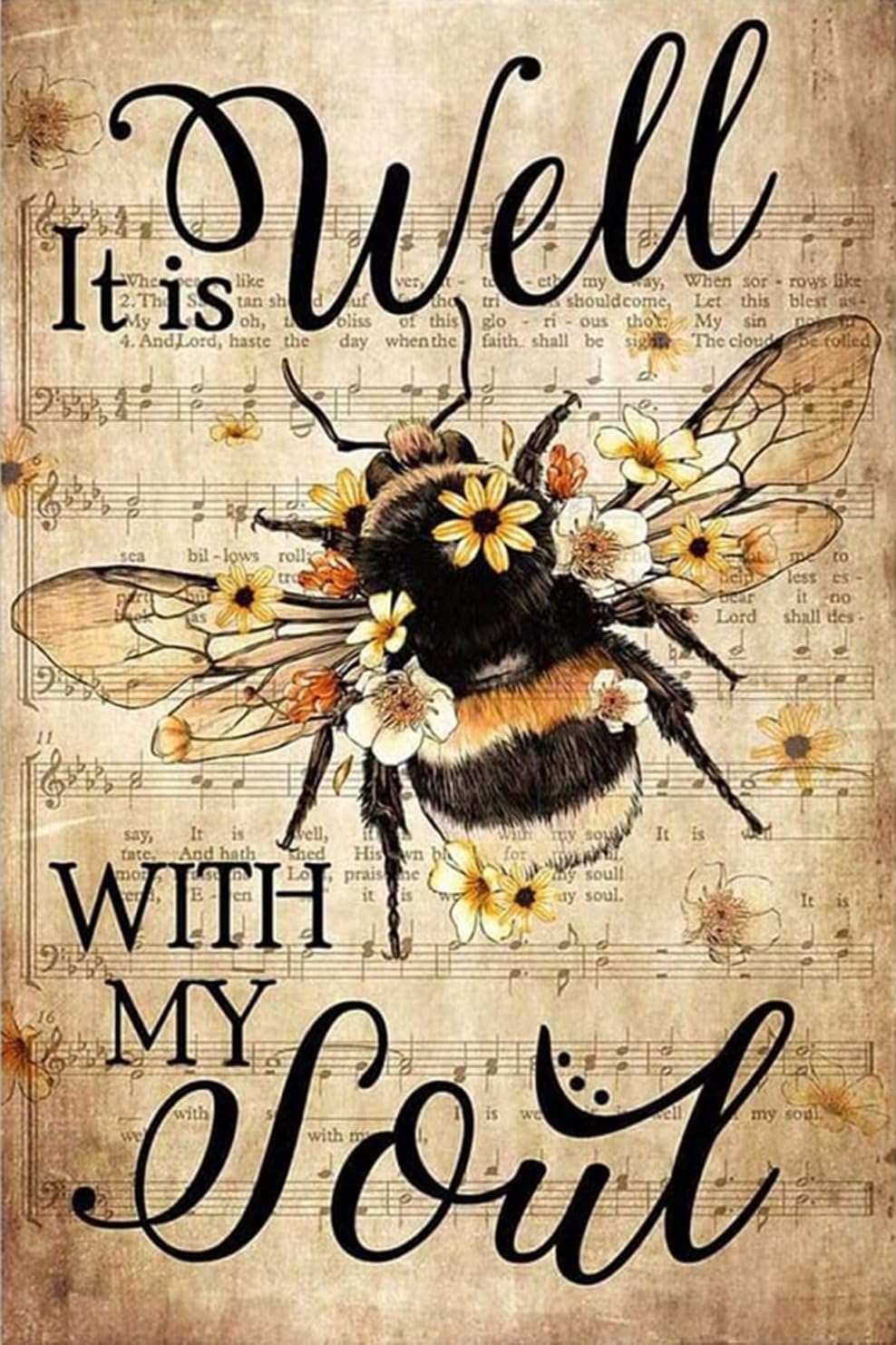UOAIUDT Bee Sunflower Sheet Music Canvas Wall Art It Is Well With My Soul Print Painting Modern Canvas Wall Art For Living Room Farmhouse Wall Decor