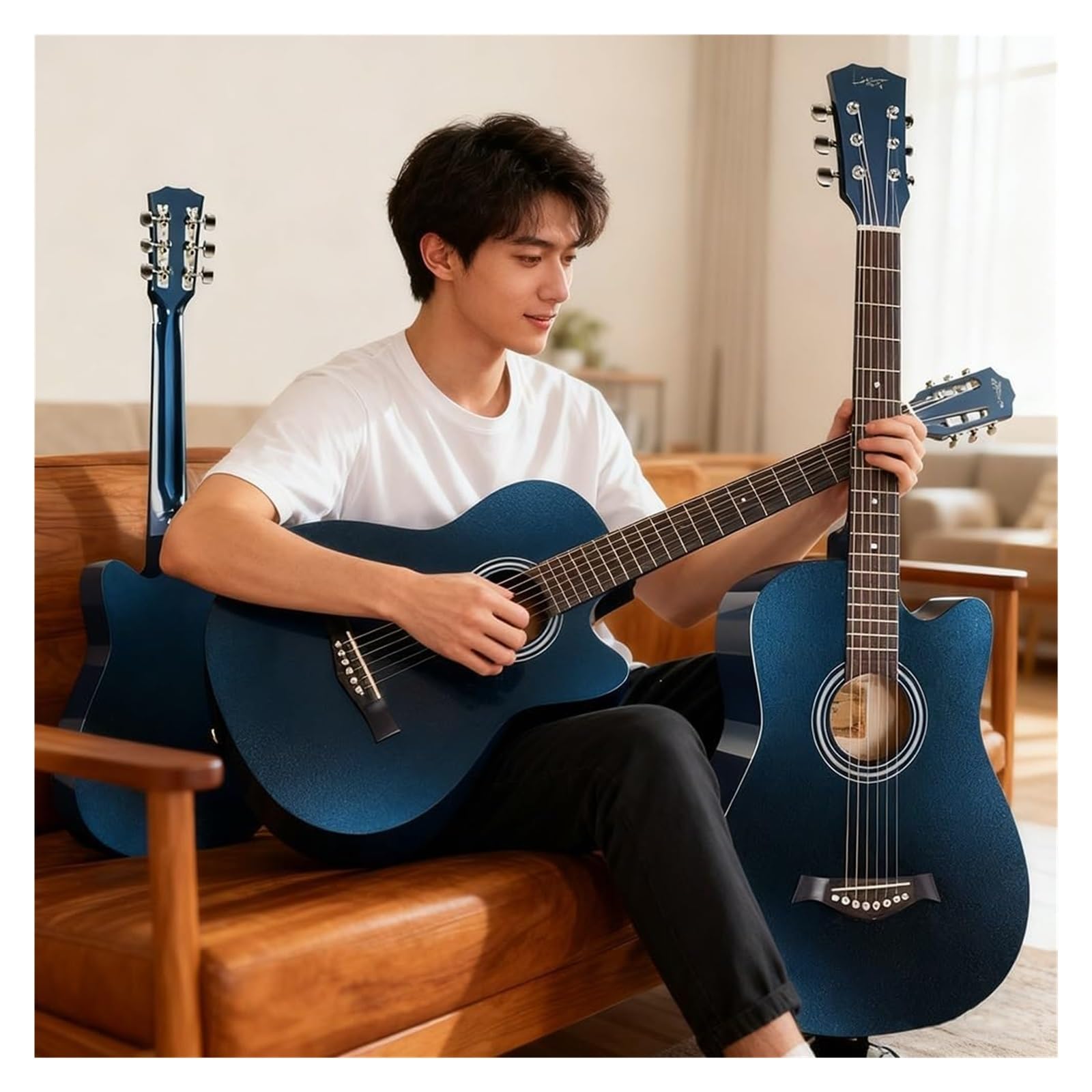 Set di chitarra acustica da 104 cm, per principianti e adulti, tutorial elementare di chitarra folk a grandezza naturale, kit base con custodia da concerto (blu)