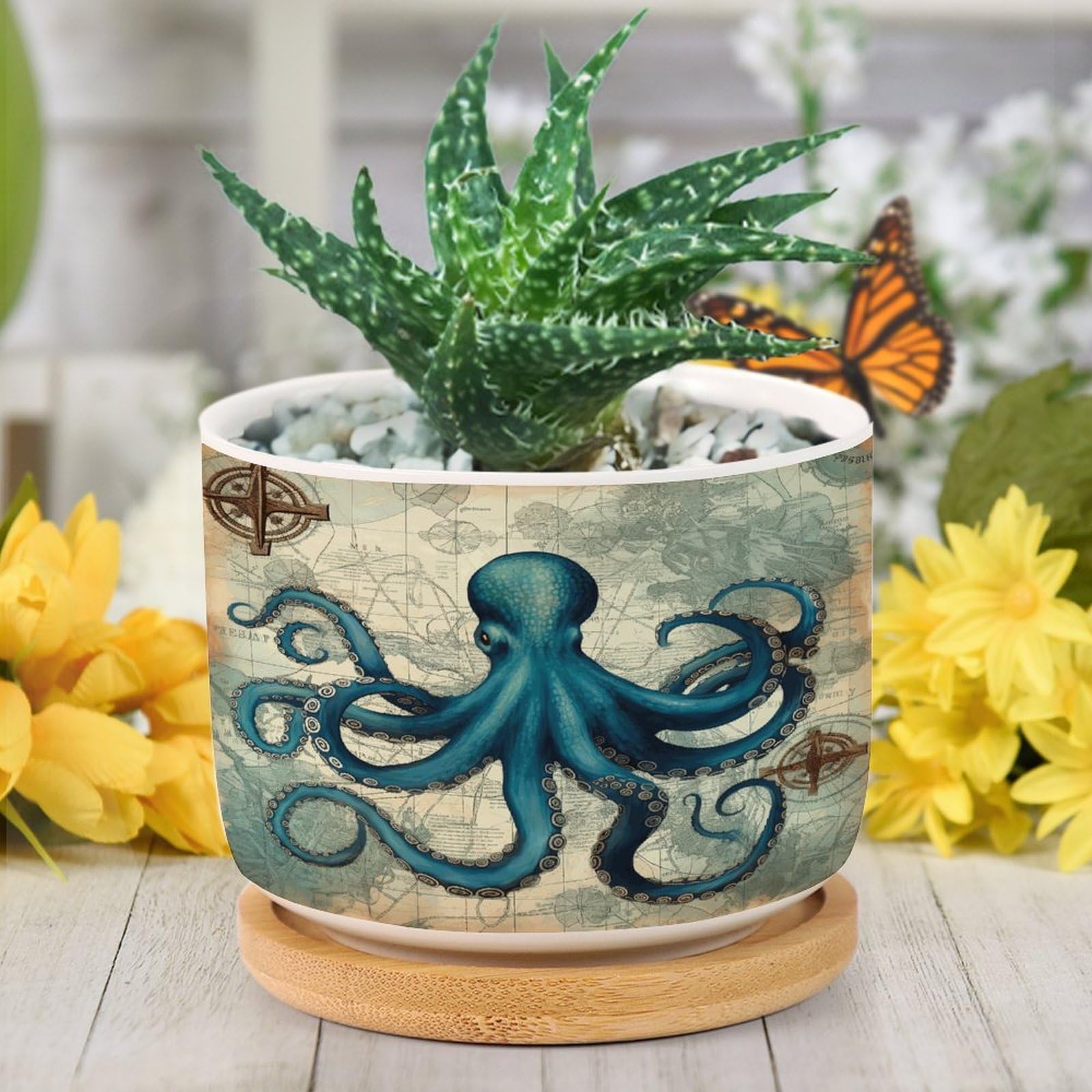 DreamAutumn Ocean Octopus Ceramic Flower Pots,Gardening Plant Pot with Drainage Holes and Saucers Round Ceramic Pots for Indoor Plants Succulent Herbs