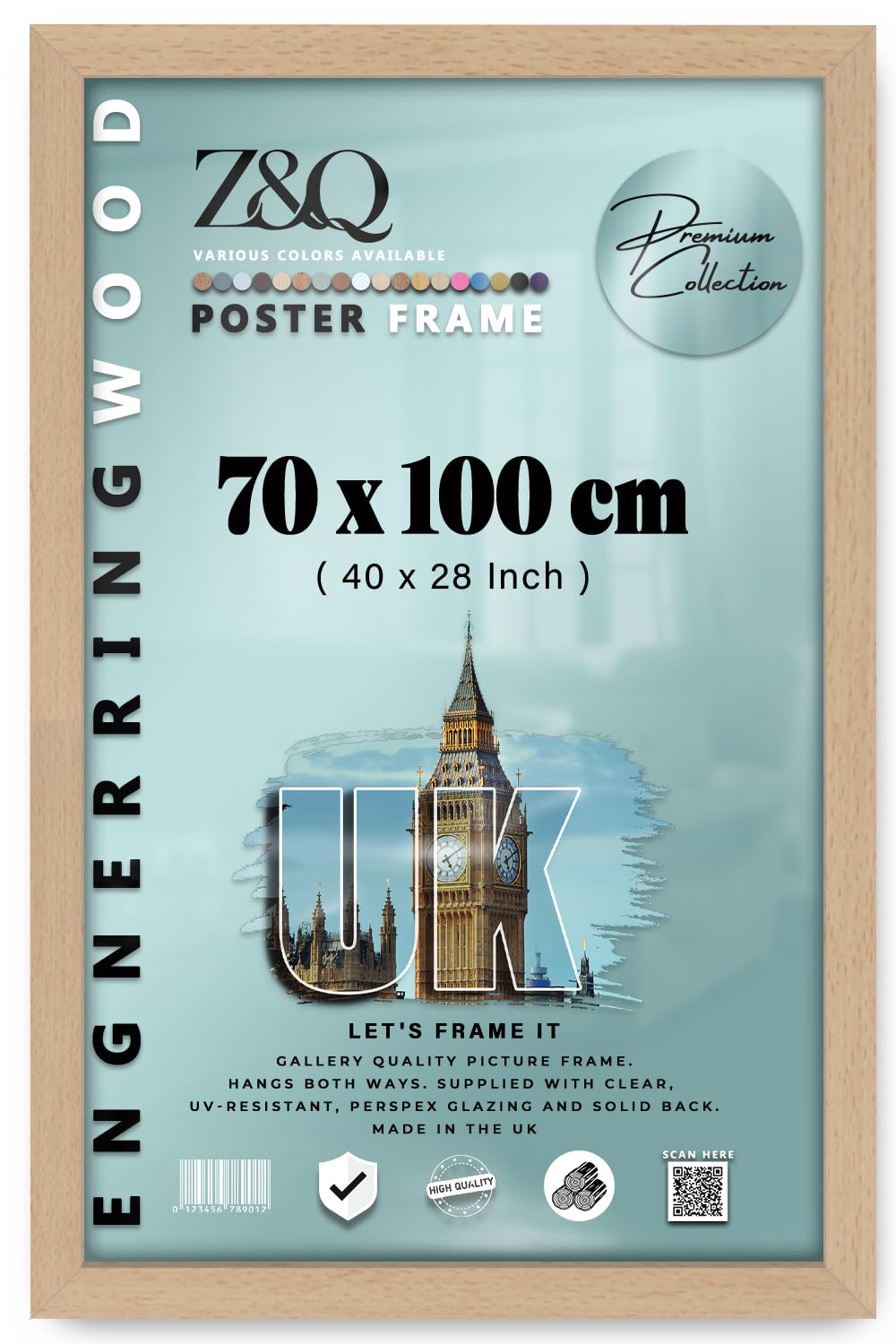 Z&Q | Wooden MDF Art Frame (70 x 100 CM) Sleek & Stylish Picture Holder, Wall Hanging 40X28 Inch Classic Décor Frame, 700 x 1000 mm [ Beech ]