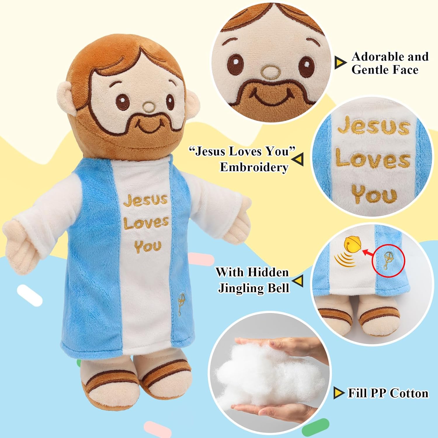 Jesus Plush 11.8" Jesus Stuffed Doll Curly Hair Plushies Toys Christian Stuff Religious Party Favors Gifts Christmas Easter Decoration Brown (Gold with Ringing Bell)