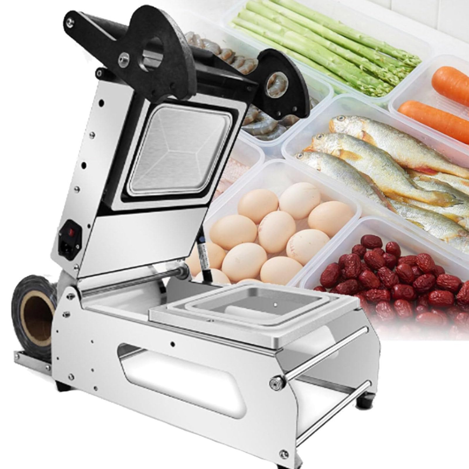 Máquina de sellado térmico comercial para bandejas de alimentos con control de temperatura, sellador de presión manual para envasar carne y alimentos cocinados