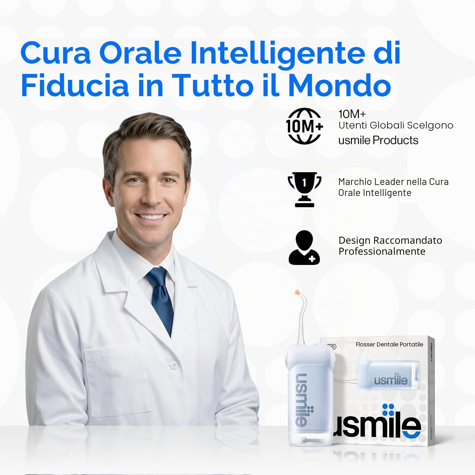usmile C10 Idropulsore Dentale Portatile - 95 Giorni Durata Della Batteria, 4 Modalità Pulizia, Serbatoio da 180 ml, Impermeabile IPX7, Ideale per Viaggi, Parentesi Graffe, Impianti e Gengive