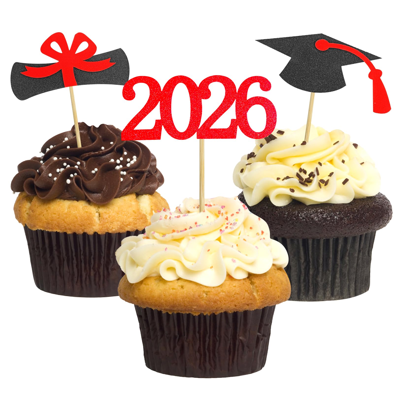 Photo 1 of Graduation Cupcake Toppers 2026,48 PCS Graduation Decoration,Class of 2026 Food Appetizer Picks,Graduation Party Supplies/Food Appetizer Picks Mini Cake Decor (Red)