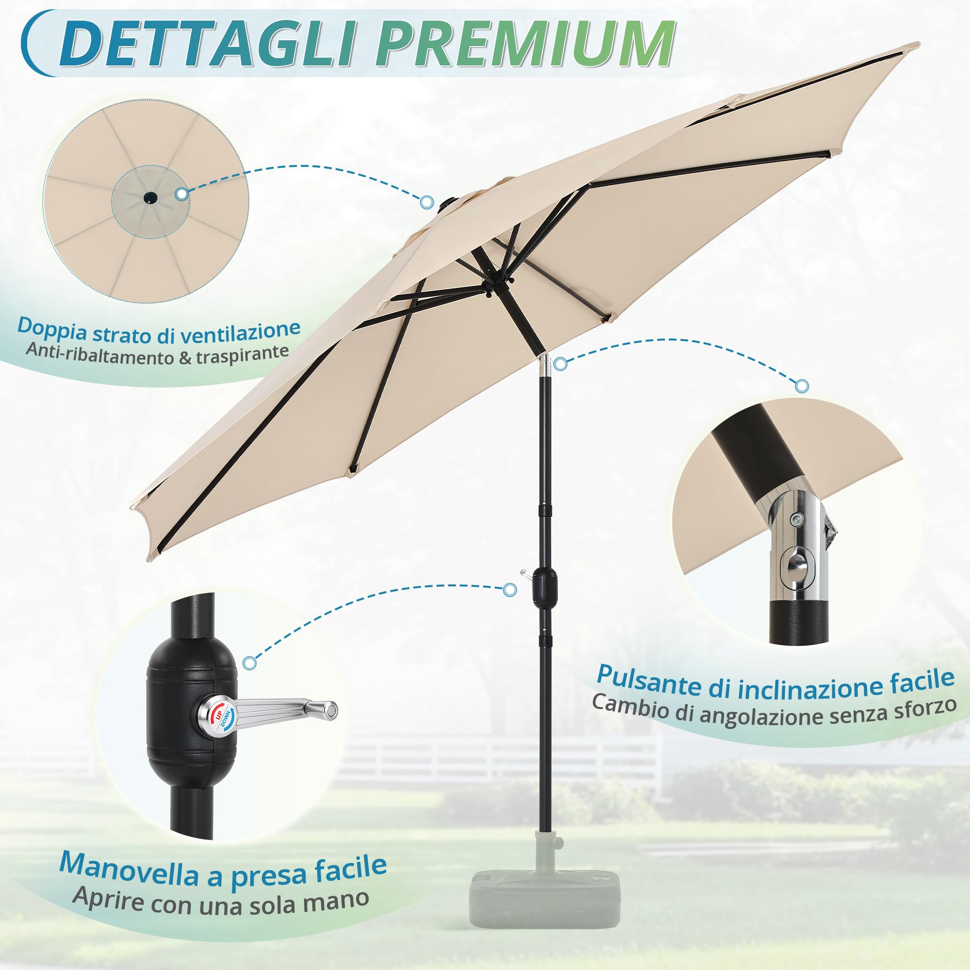 LUE BONA Ombrellone regolabile da 300 cm, con 8 nervature e manovella, per patio, giardino, terrazza, mercato