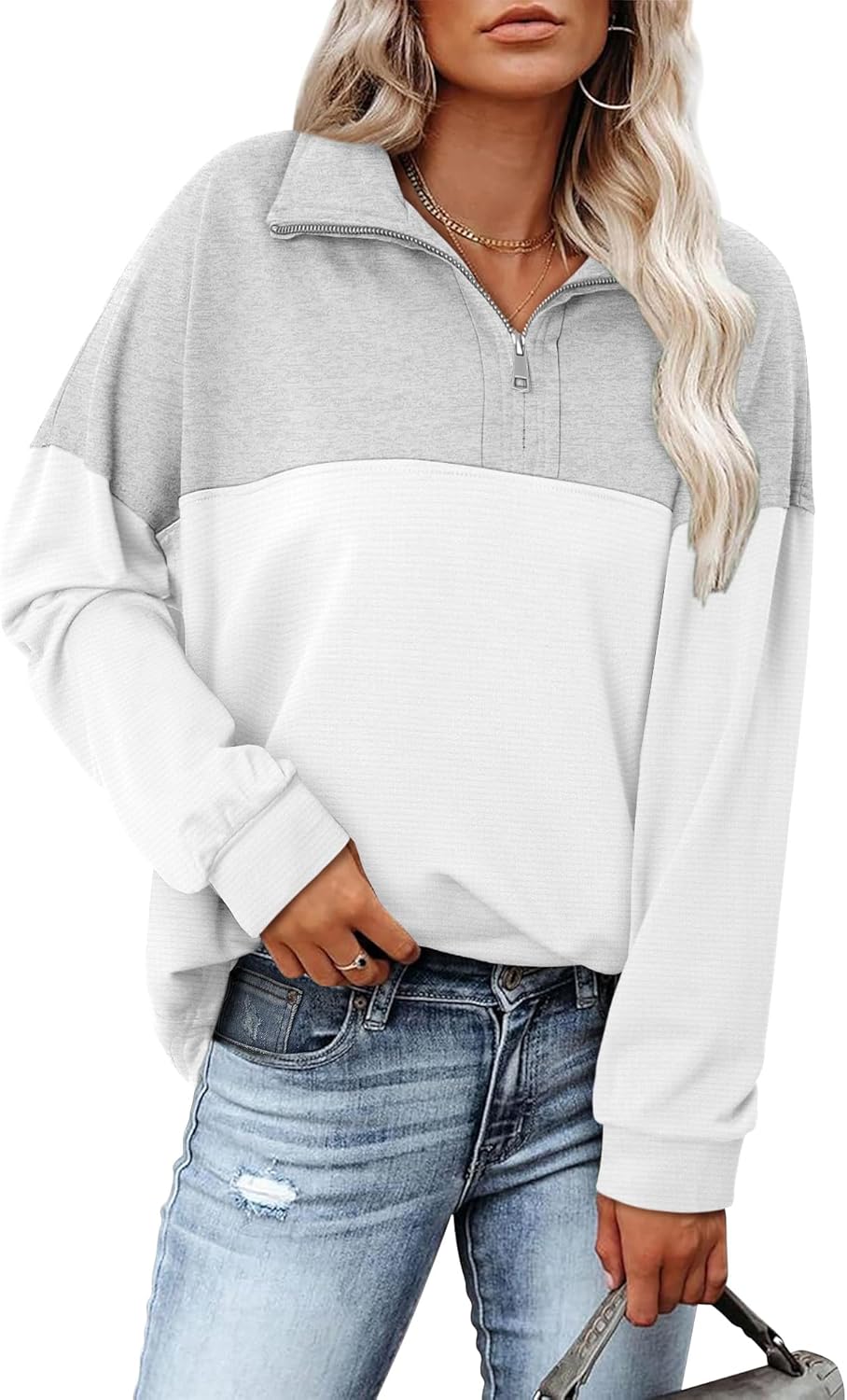 Magritta Womens Sweatshirt Casual Loose Fit Waffle Knit Half Zip Pullover Long Sleeve Lapel Tops