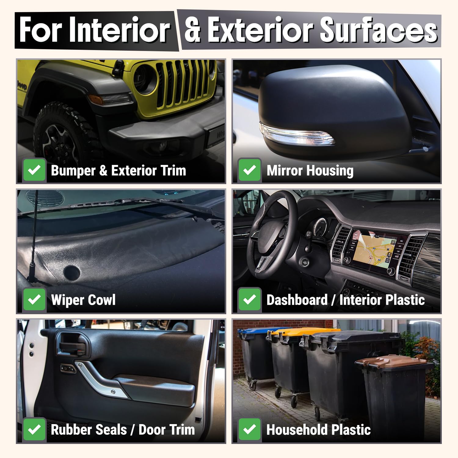 Restaurador de plástico Carfidant para Autos, refresca el plástico desteñido, Vinilo y Goma con Esmalte para un Brillo Profundo, Protege contra los Rayos UV y la Suciedad, Color Negro Exterior e