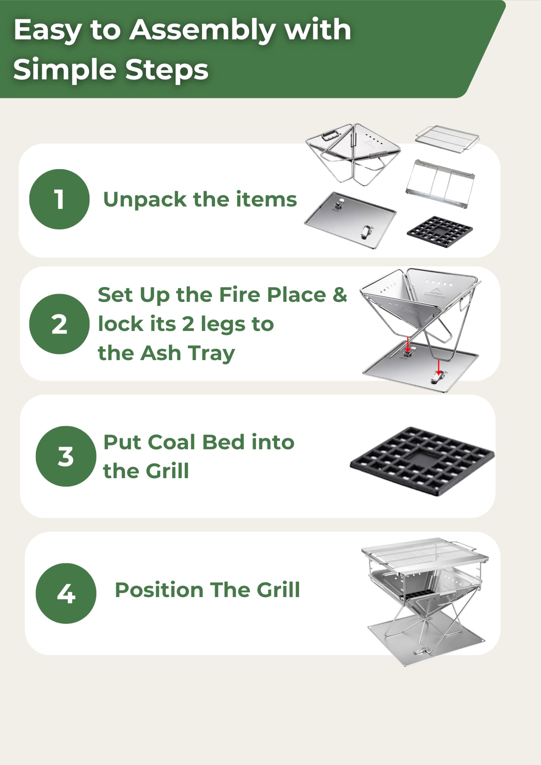 CAMPINGMOON - Parrilla portátil 3 en 1 para fogata de 16 pulgadas, de acero inoxidable resistente, estufa de leña, para camping, altura ajustable, patio, cocina al aire libre, viajes de caravana