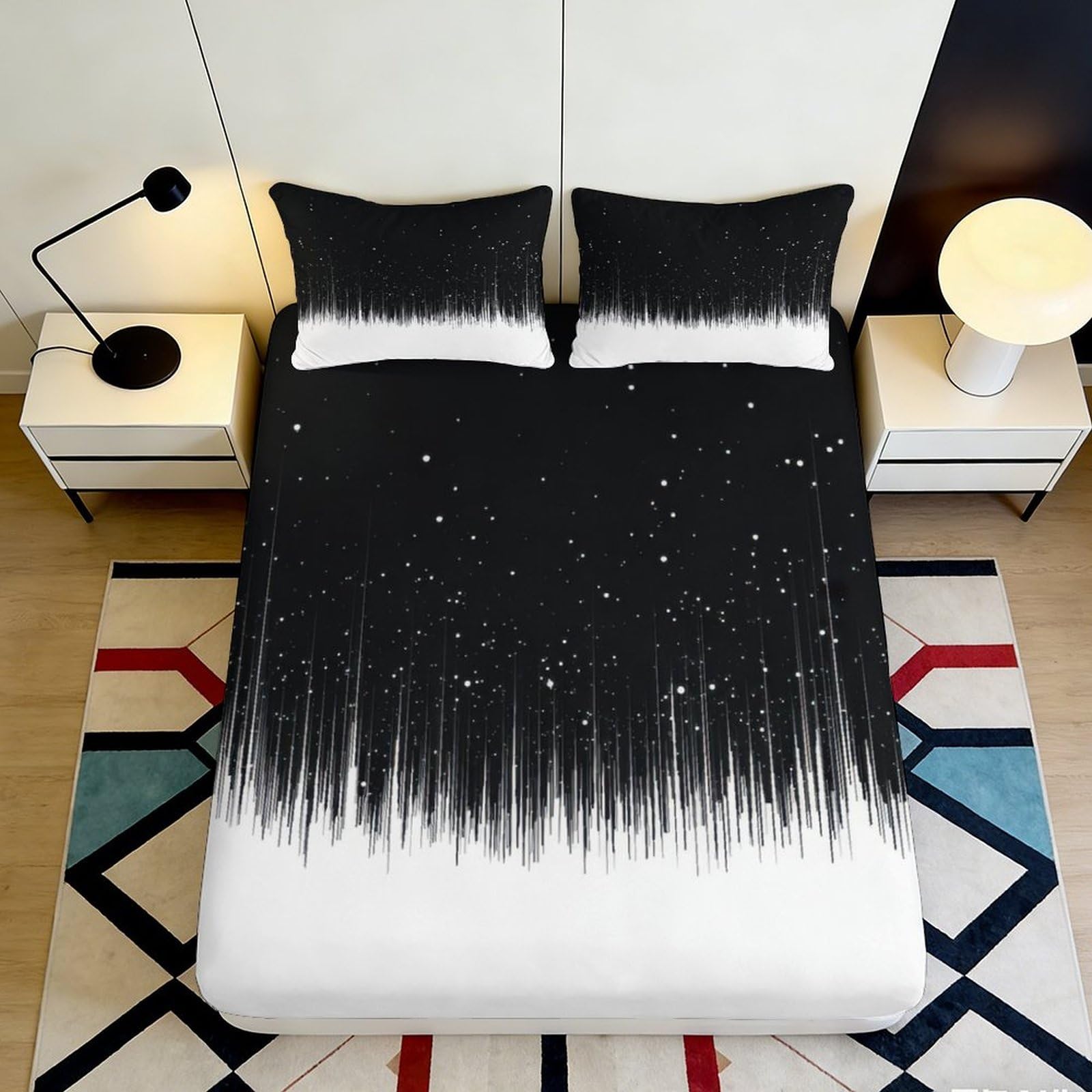 3D Printed Starry Night Fitted Sheet Microfiber Soft Black White Meteor Shower Mattress Cover Bedroom Decor 90x200x25cm