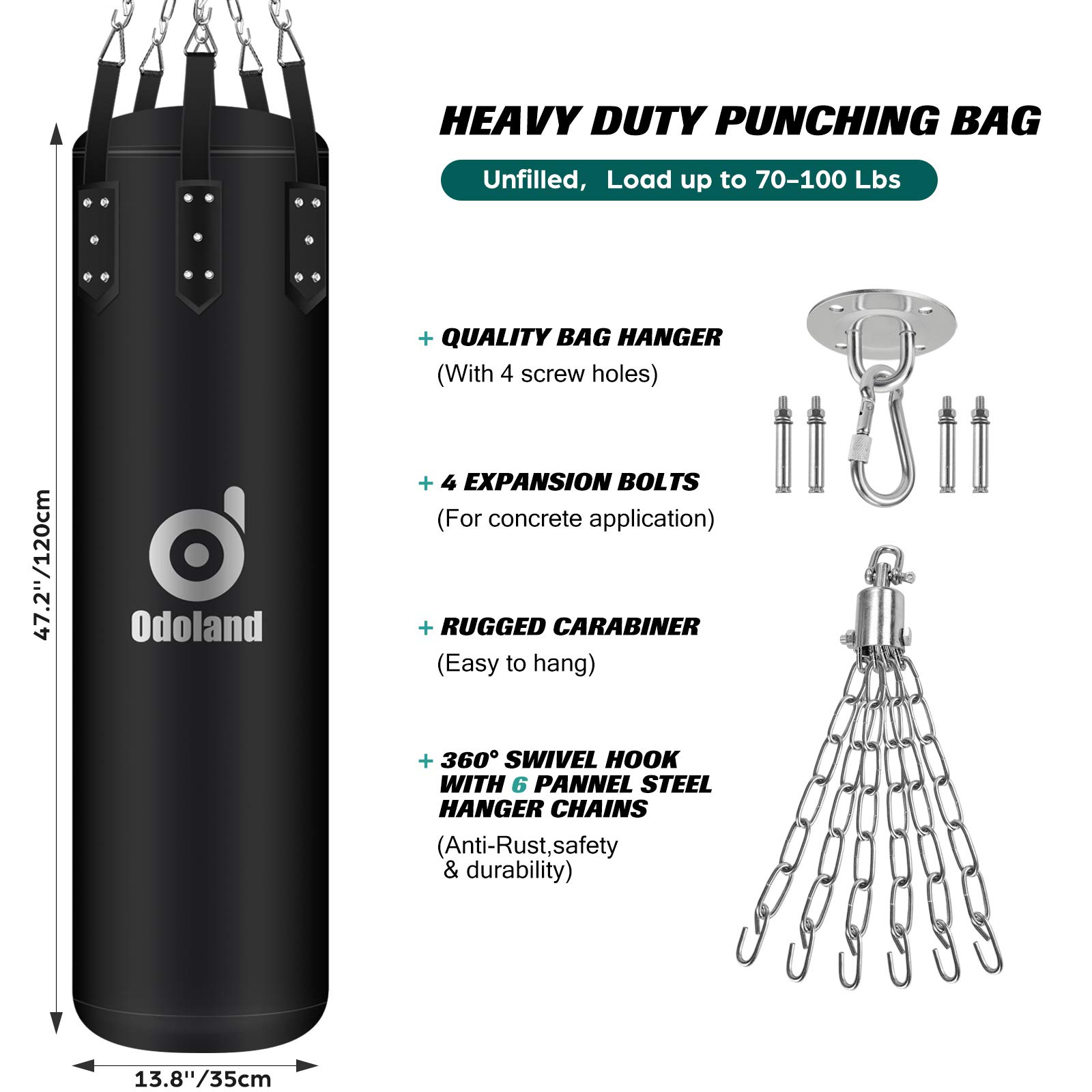 Odoland Sacco da Boxe Non Riempito con Guantoni, Reflex Ball, Fasce, Corda per Saltare, Catena Gancio Soffitto Punching Bag per Allenamenti Muay Thai Kickboxing (120CM)