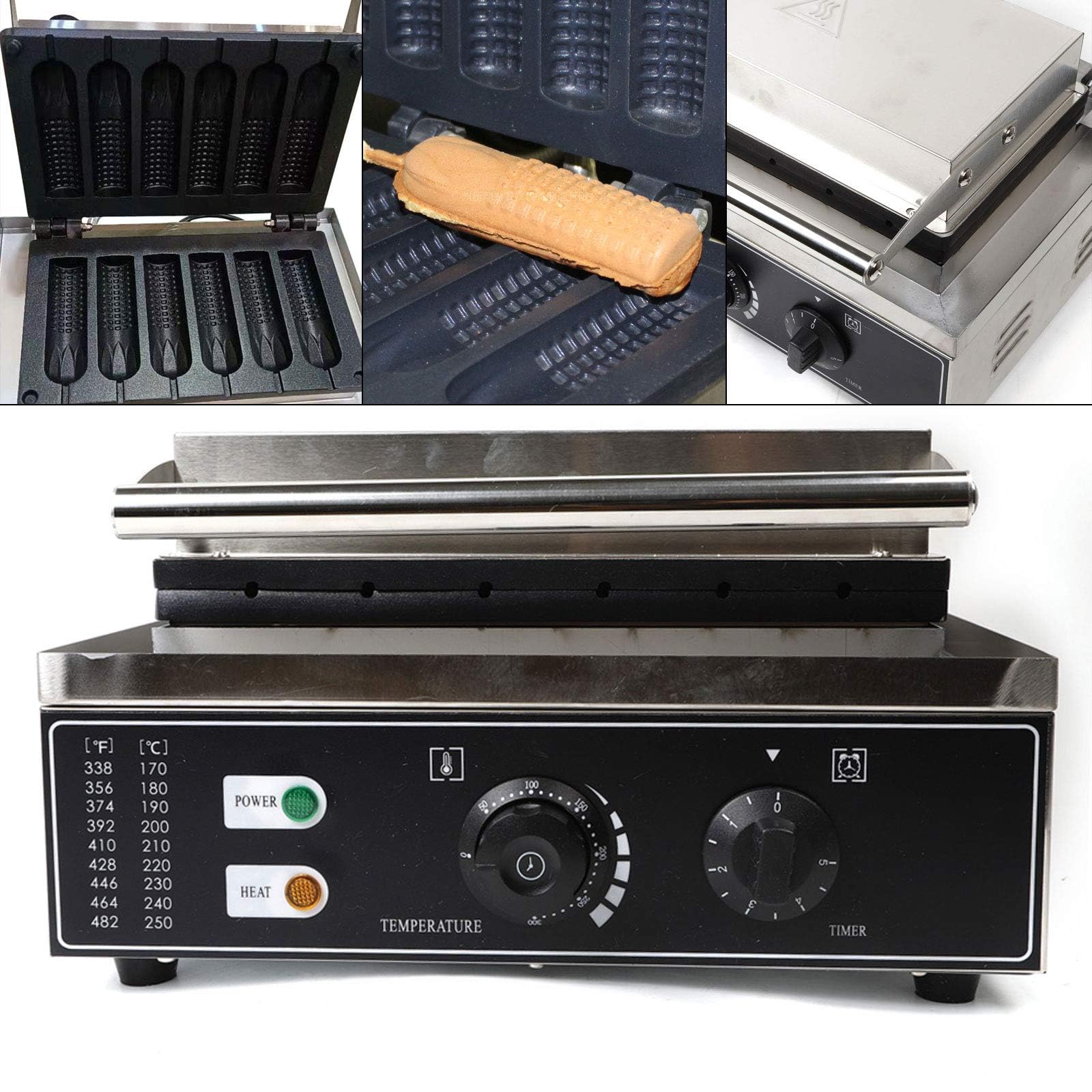 Hot Dog Maker Macchina 1500 W 6 Stick Piastra per waffle Hot Dog Corpo in Acciaio Inox Antiaderente Piastra per waffle Professionale Corn Dog Waffle Automatico Antiaderente Rivestimento