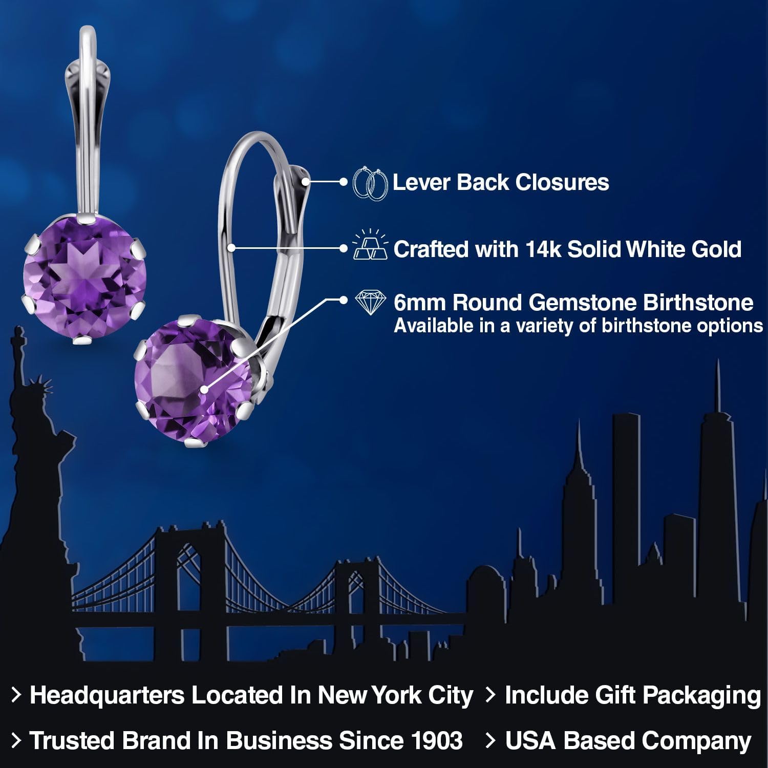 Gem Stone King 14K White Gold 6MM Round Gemstone Birthstone Leverback Dangle Earrings | Gold Earrings For Women - Image 2