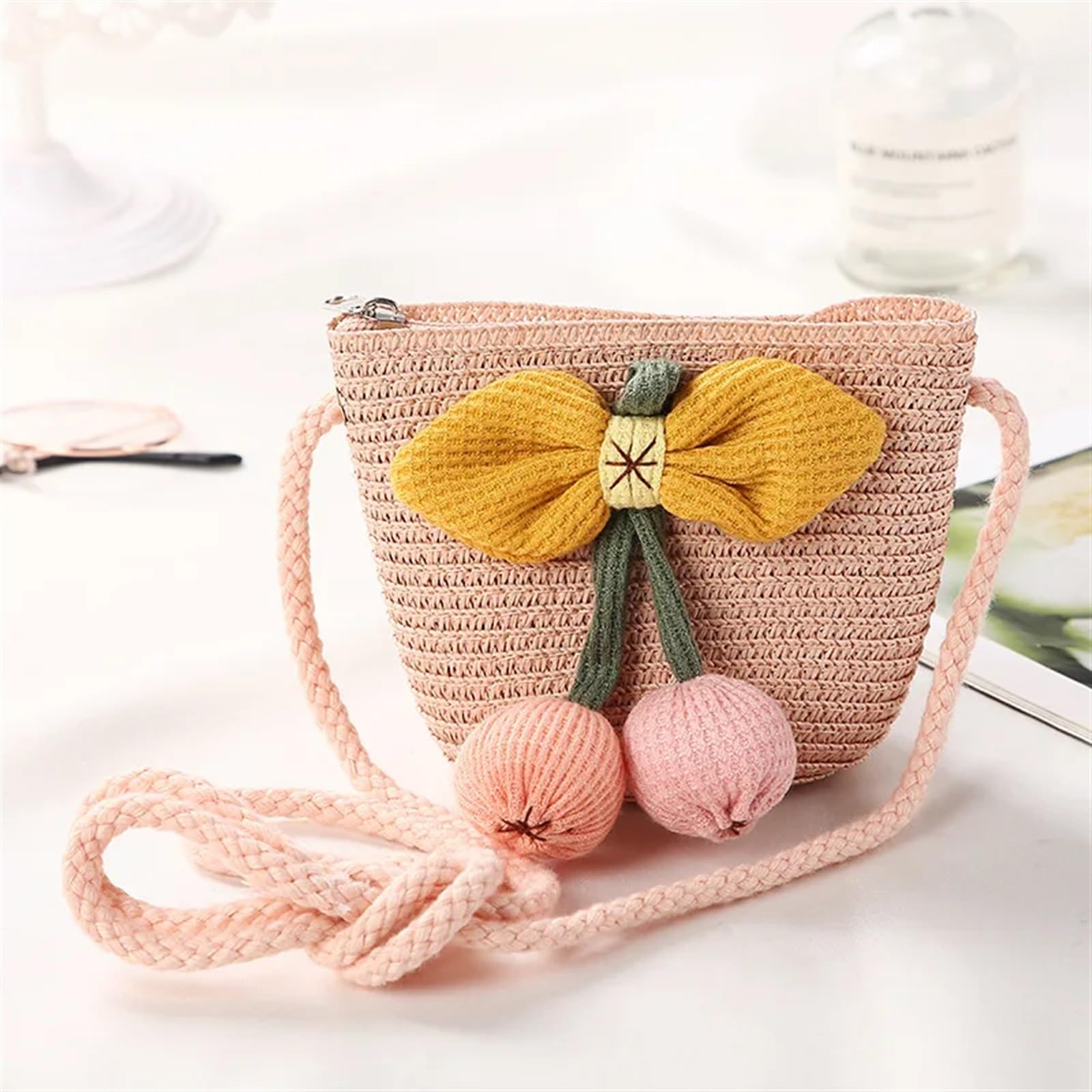 DVMSIEF Straw Bag Cute Children Straw Shoulder Bags Flower Baby Girls Small Bucket Crossbody Bag Boys Kids Mini Coin Purse Beach Handbags(Cherry pink)