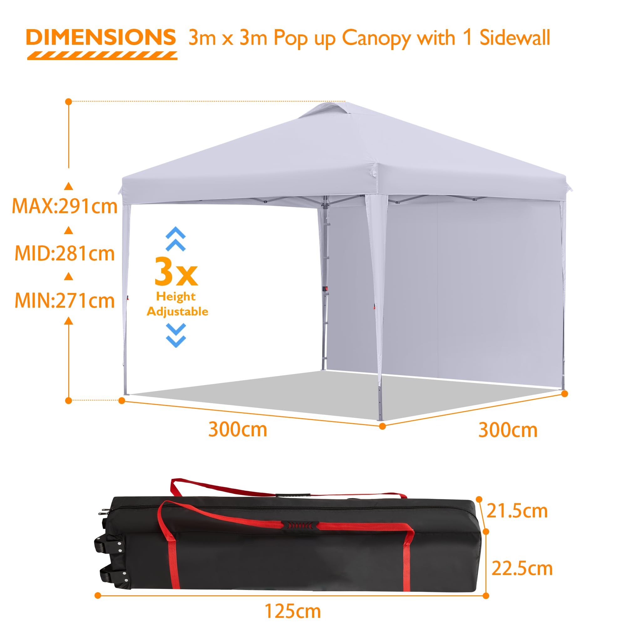 BONTEC Pavillon 3x3m mit Seitenwand, höhenverstellbar, wasserdicht | Stabil, winterfest, UPF 50+ Schutz, einfacher Aufbau, tragbar mit Rolltasche, ideal für Outdoor-Events
