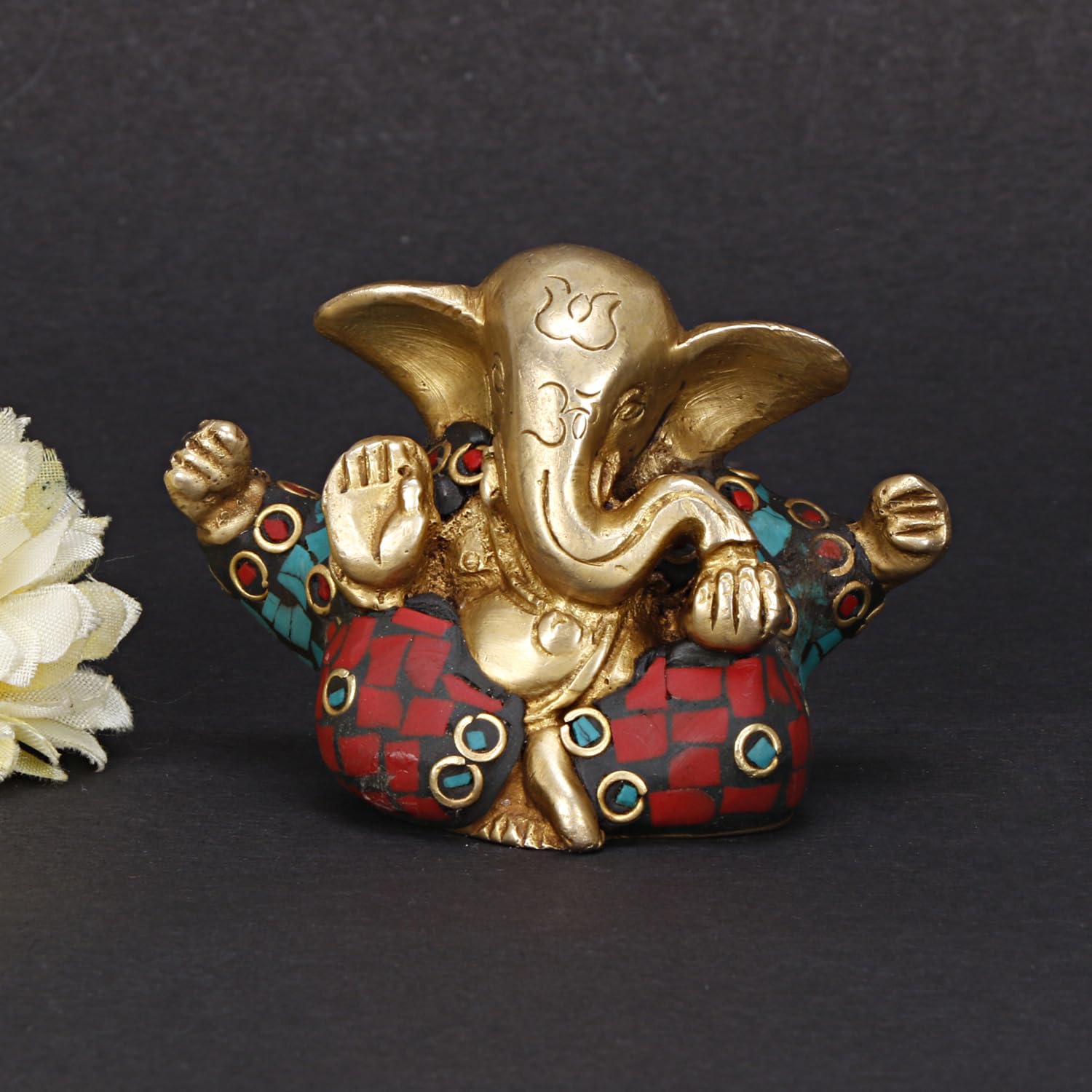 Seigneur Appu Ganesh en laiton certifié pur avec pierre de tortue gravée, (idole de 5 cm pour la maison) | Ganesh Murti | Design pour bureau, voiture et décoration d'intérieur |