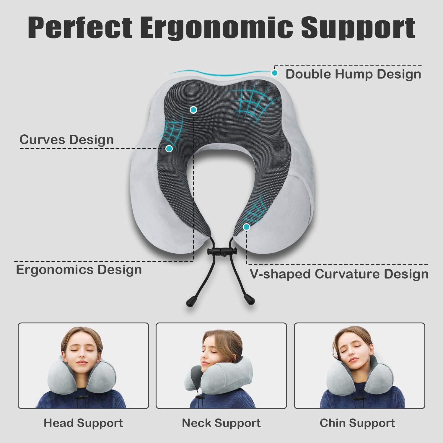Cuscino da Viaggio, Cuscino Aereo Viaggio Memory Foam, Cuscino Cervicale da Viaggio Travel Neck Pillow con Maschera per Dormire e Tappi per le Orecchie per L'ufficio Dell'auto Dell'aereo - Grigio