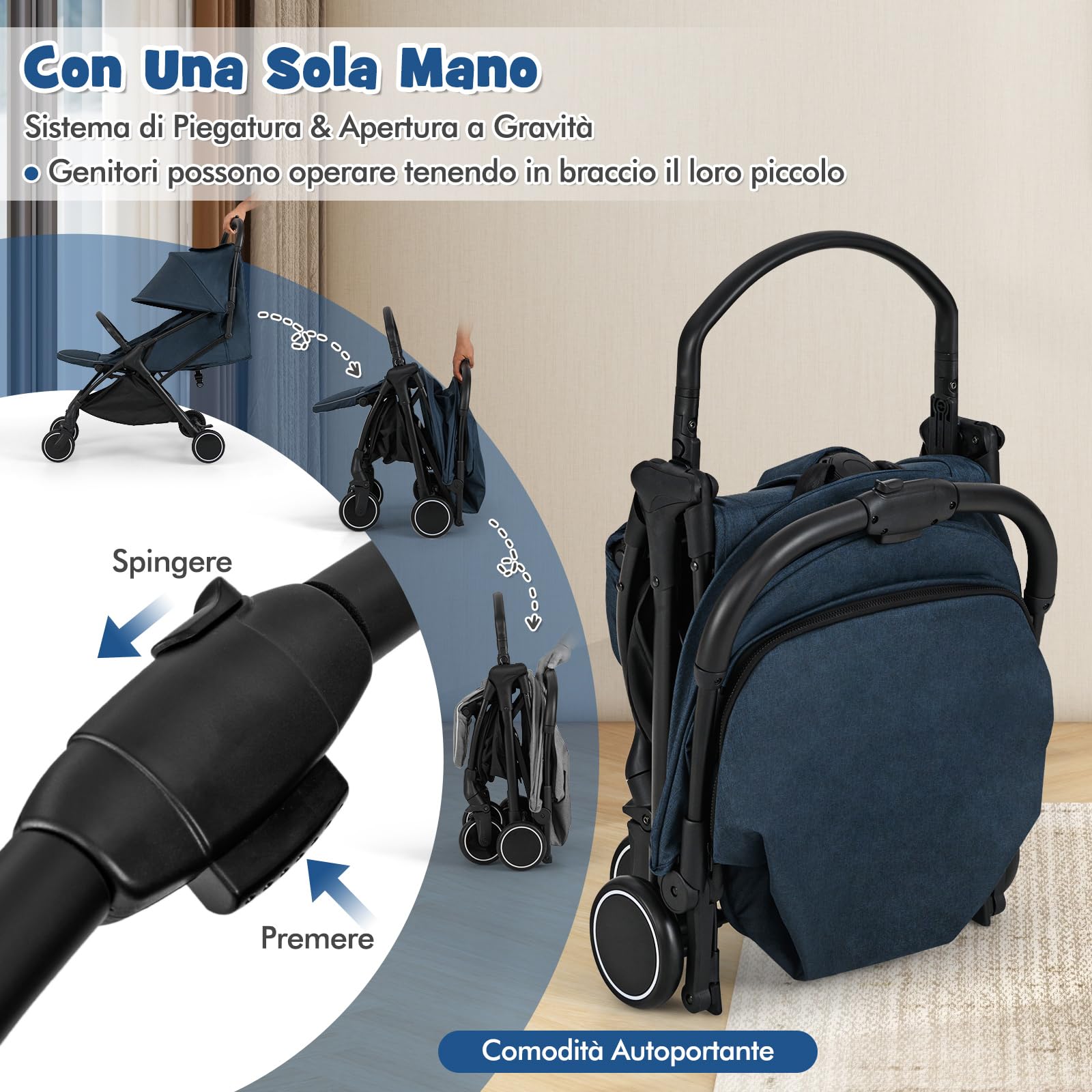 RELAX4LIFE Passeggino Leggero, per Bambini 0-3 Anni, Pieghevole, con Tettuccio Apribile, Ruota Universale con Freno, Cintura di Sicurezza, Cestino Portaoggetti, Portata di 15 kg (Blu)