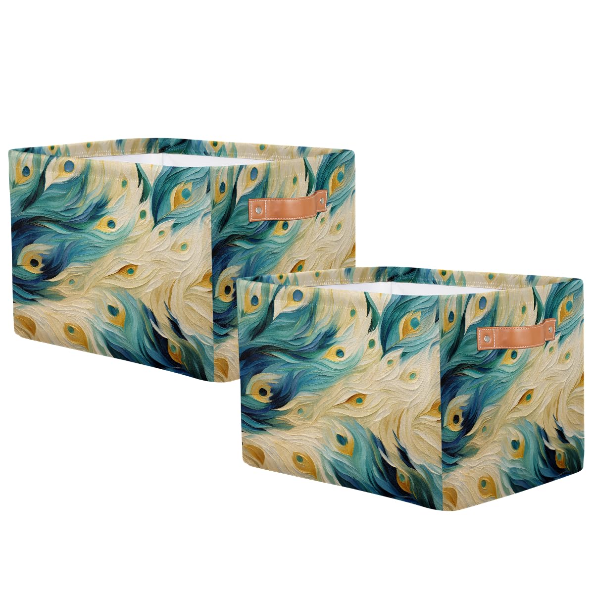 Mexpekil Cesta de almacenamiento de plumas azules de pavo real, caja de almacenamiento de juguetes para niños, plegable, organizador de tela para estantes, cesta de regalo grande con asas, 2 piezas