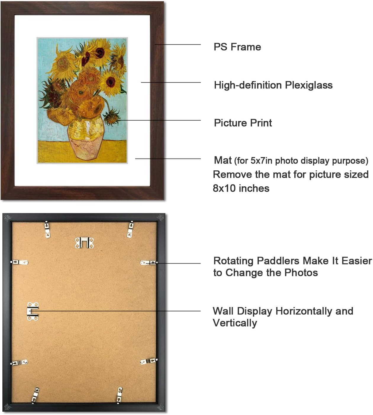 8x10 Picture Frame Set of 6 with HD plexiglass cover for Pictures 5x7 with Mat or 8x10 Without Mat, Wall Gallery Photo Frames,Walnut