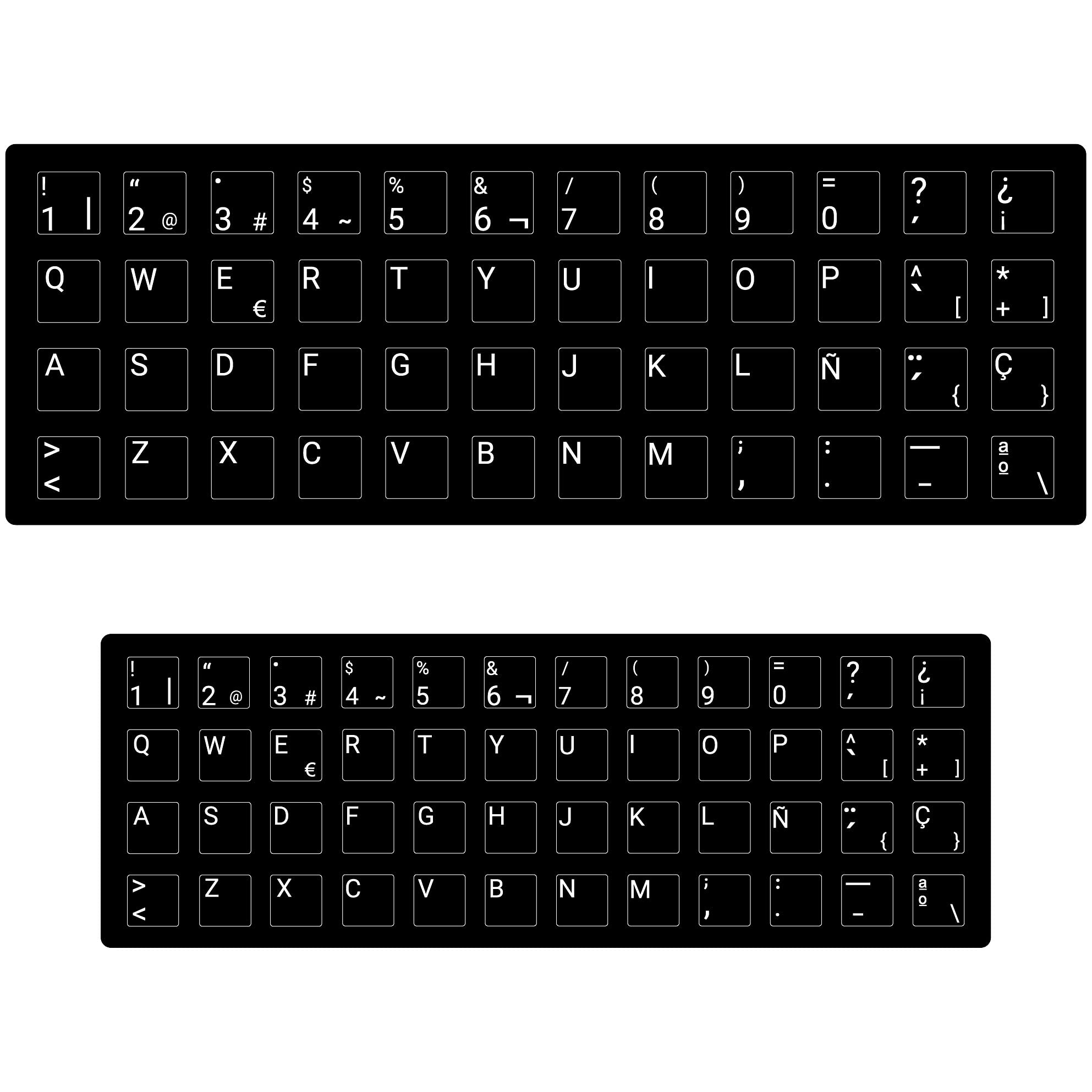 Pegatinas Teclado Español Repuesto Acabado Mate Fondo Negro, Pack 2 tamaños