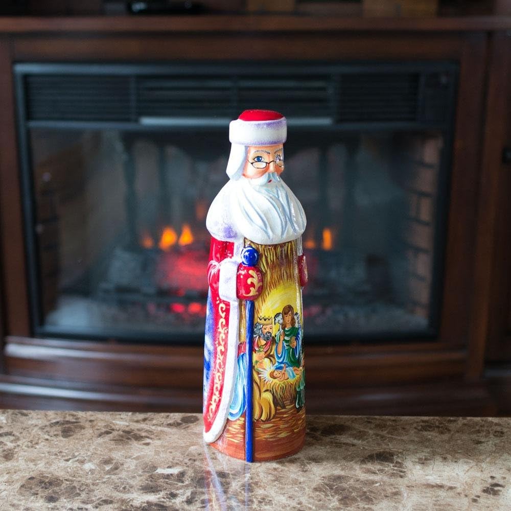 BestPysanky Santa Over Nativity Scene Ukrainian Hand Carved Solid Wood Figurine 11 Inches