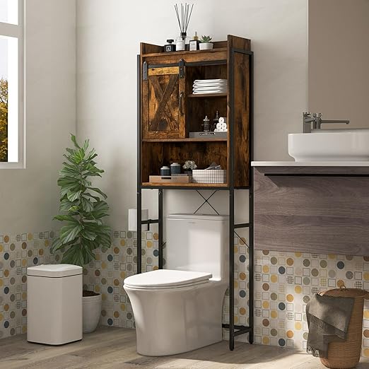 Giantex Over The Toilet Storage Cabinet - Freestanding Bathroom Organizer Rack with Adjustable Shelf, Sliding Barn Door, Paper Holder, Bathroom Space Saver, Above Toilet Storage Cabinet (Brown)