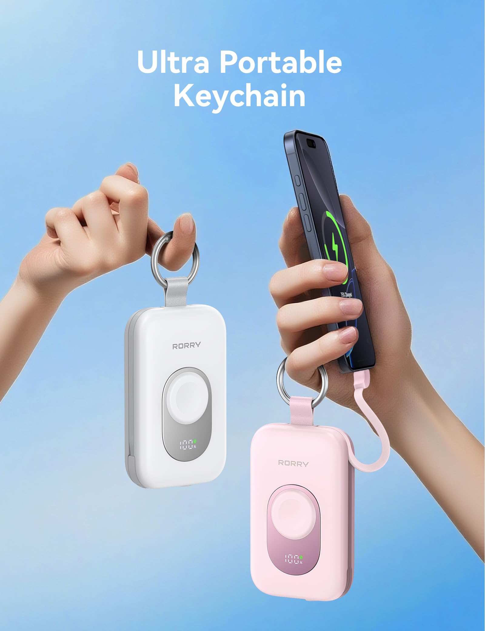 RORRY Portable Charger, 20000mAh PD 30W Portable Charger Power Bank with 2 Built-in Cables, Super Fast Charging Battery Pack with Keychain, Travel Essentials for iPhone, Apple Watch, iPad, White — view 6