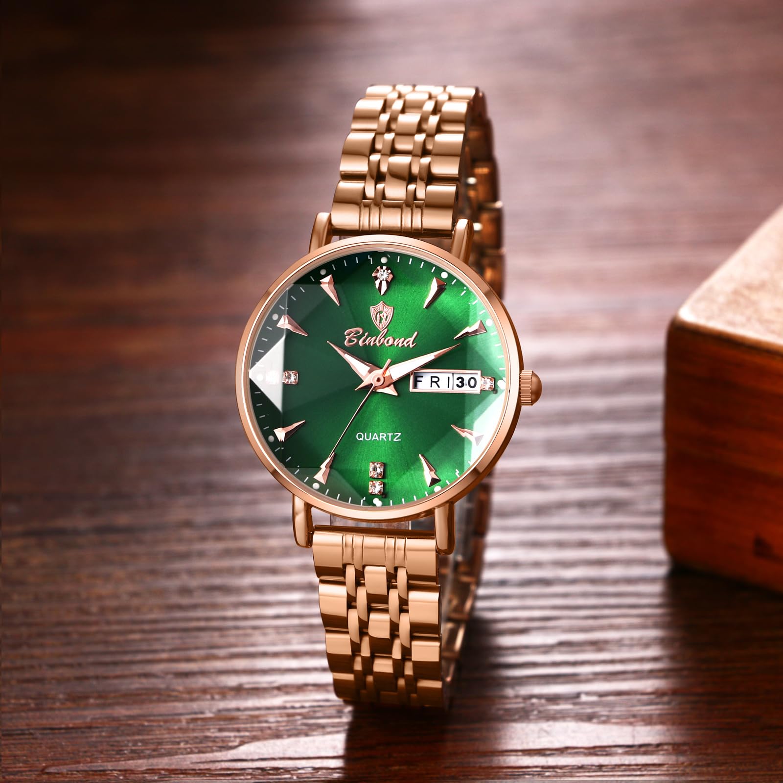 JewelryWe Zegarek damski ze stali nierdzewnej, świecący zegarek: 2 sztuki, 30, wodoszczelny, analogowy, kwarcowy, damski, różowe złoto, stal szlachetna, luksusowy zegarek z fasetowanym szkłem