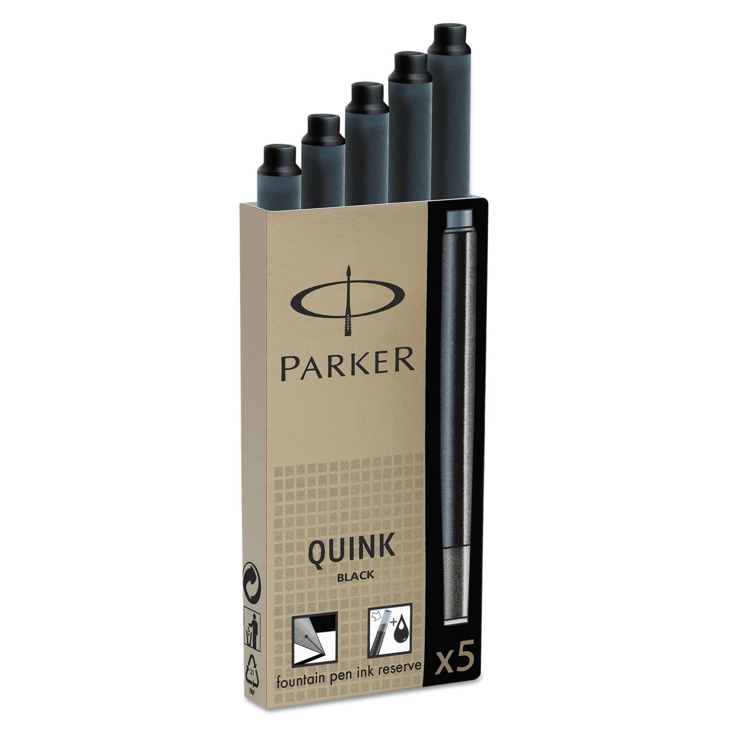 Parker3011031PP Refill Cartridge for Permanent Ink Fountain Pens, Black Ink, 5/Pack