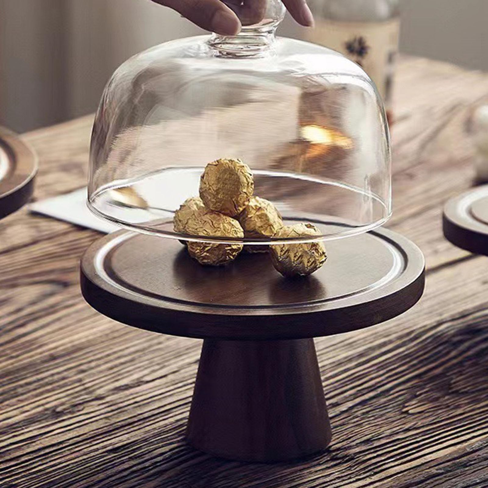 Rengue Présentoir à Gâteau en Bois avec Dôme en Verre, Couvercle de 9 Pouces, Base de 10,24 Pouces pour la Cuisine de Fête d'anniversaire, le Couvercle Transparent Garde les Desserts Frais,