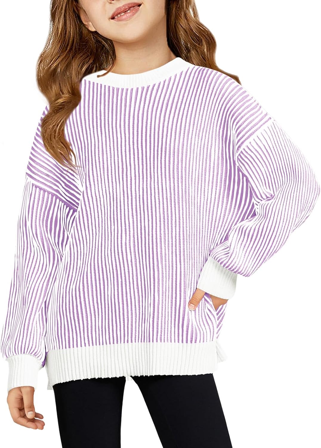 Haloumoning Girls Striped Pullover Sweaters Chenille Crew Neck Cable Knit Tops 5-14 Years