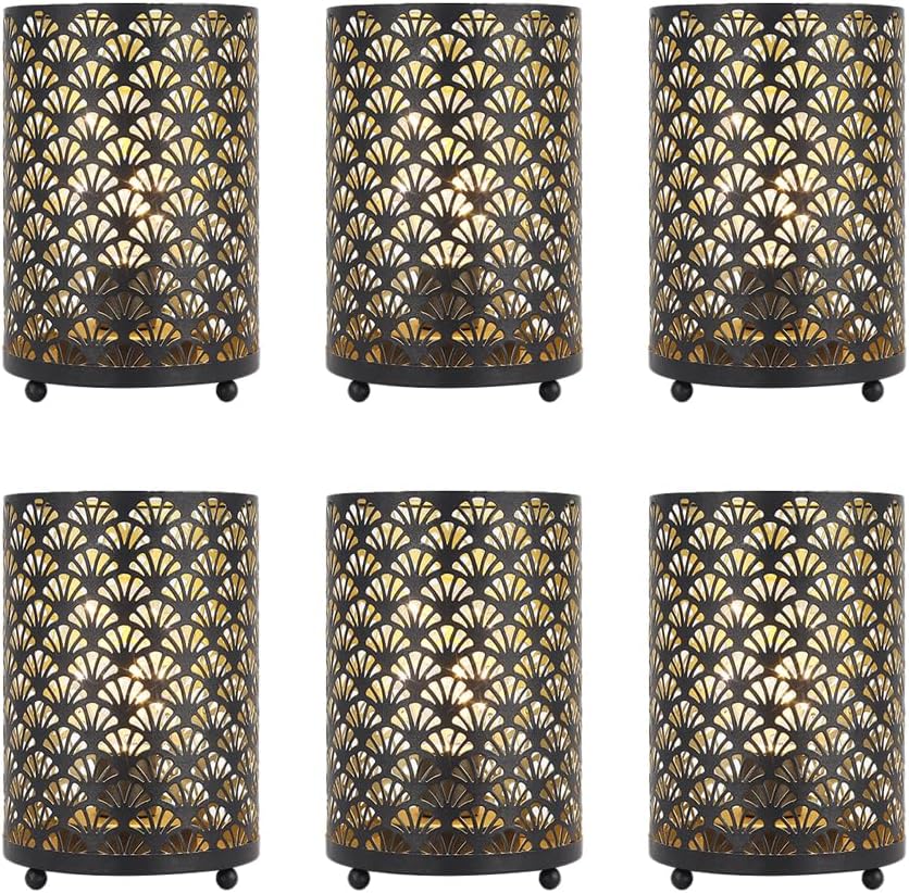 TRIROCKS Set of 6 Table Lamp 6.5'' Tall Metal Cordless Table Lamp Bronze Lanterns with Warm Fairy Lights Bulb for Patio Garden Wedding Parties Indoor Outdoor(Scalloped Hollow Pattern)