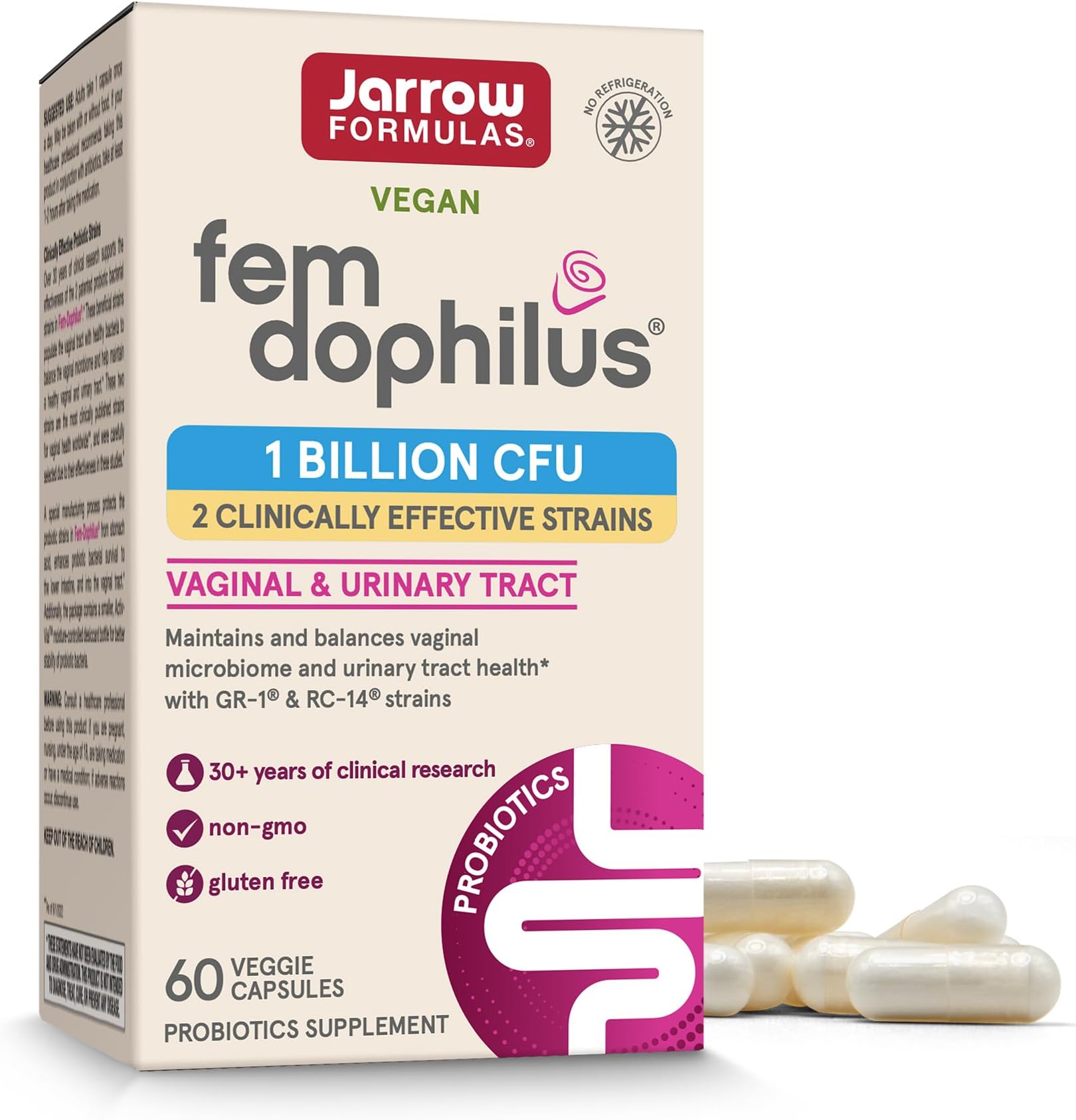 Jarrow Formulas Shelf-Stable Fem-Dophilus, 1 Billion Organisms Per Capsule, Supports Vaginal and Urinary Tract Health, 60 Capsules