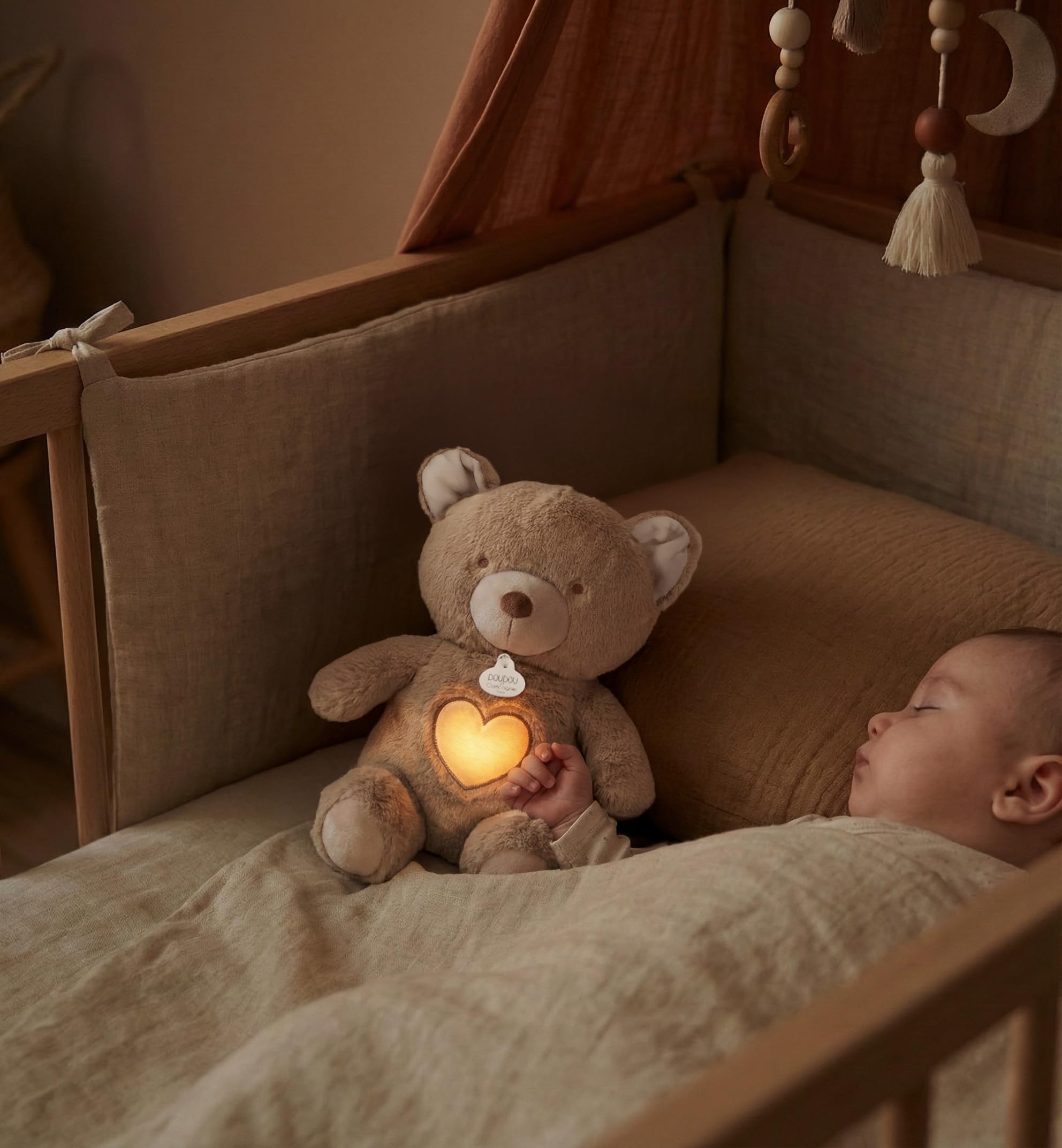 Doudou et Compagnie - Oddychający pluszowy miś oddychający - 28 cm - Świecąca przytulanka muzyczna z ruchem oddechowym - Wspomaga sen i relaks - Prezent z okazji narodzin dziecka - DC4684