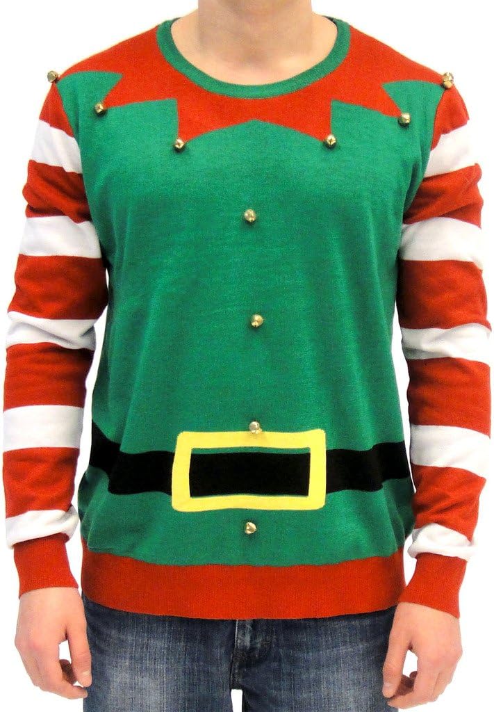 Ugly Christmas Sweater Elf with Bells Adult Green and Red Costume Sweater