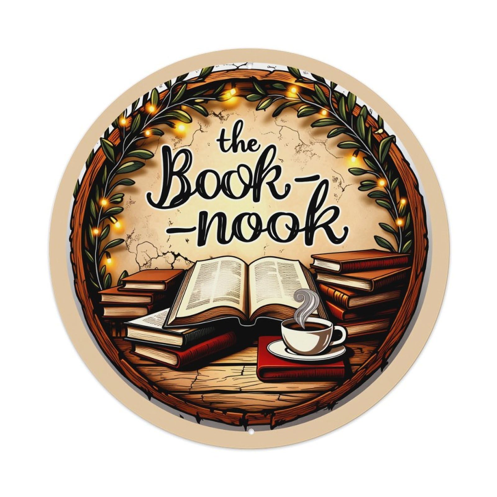 Book Nook Logo Design Pattern Round Tin Sign Vintage Metal Poster, Home Bar Garage Man Cave Cafe Indoor & Outdoor Wall Decoration 8x8Inches