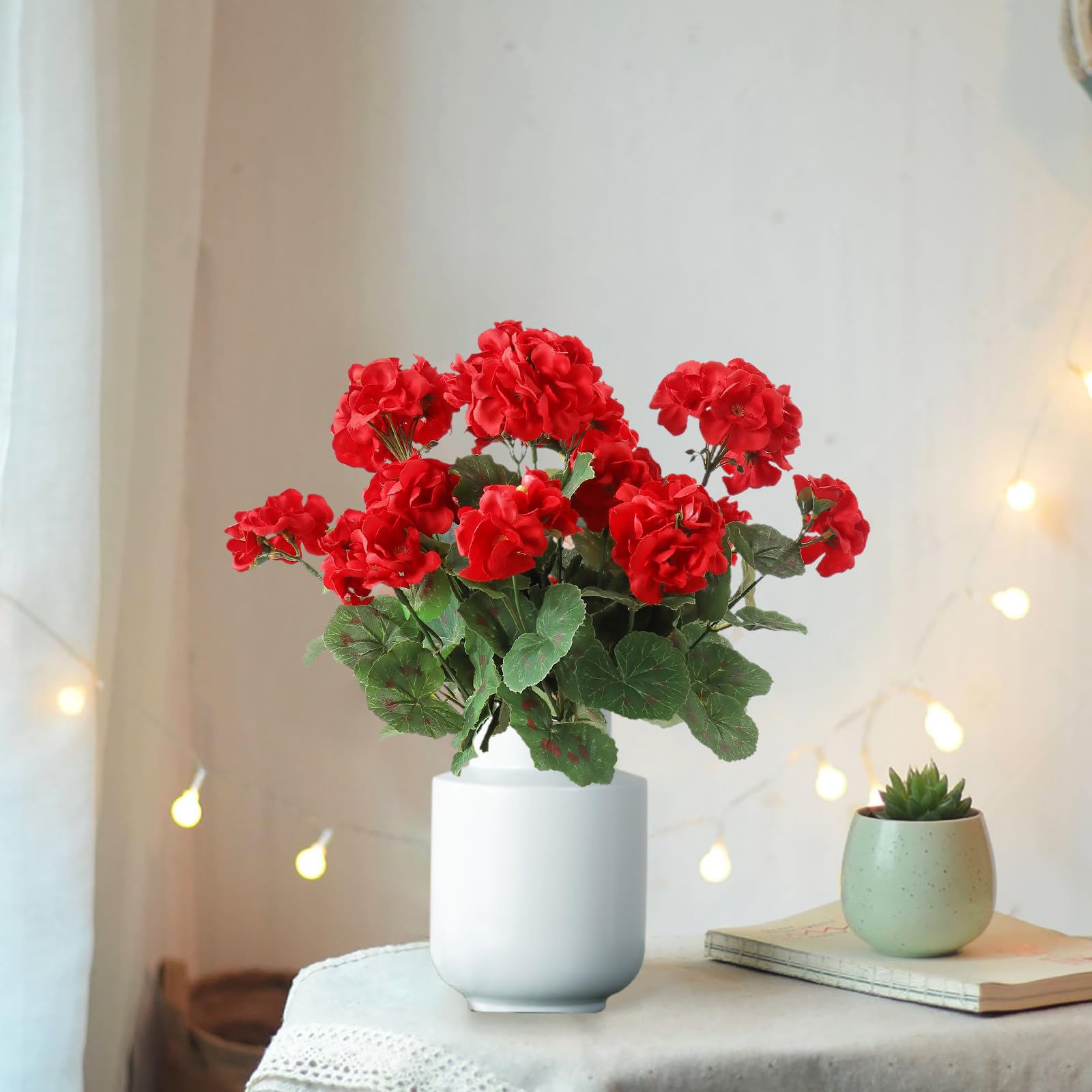 Weldomcor Fiori artificiali, 3 Bundles falso Geranio Fiori resistente ai raggi UV Faux Verde Arbusti Piante per Patio Portico Finestra Scatola di casa di nozze Agriturismo Decor, Rosso